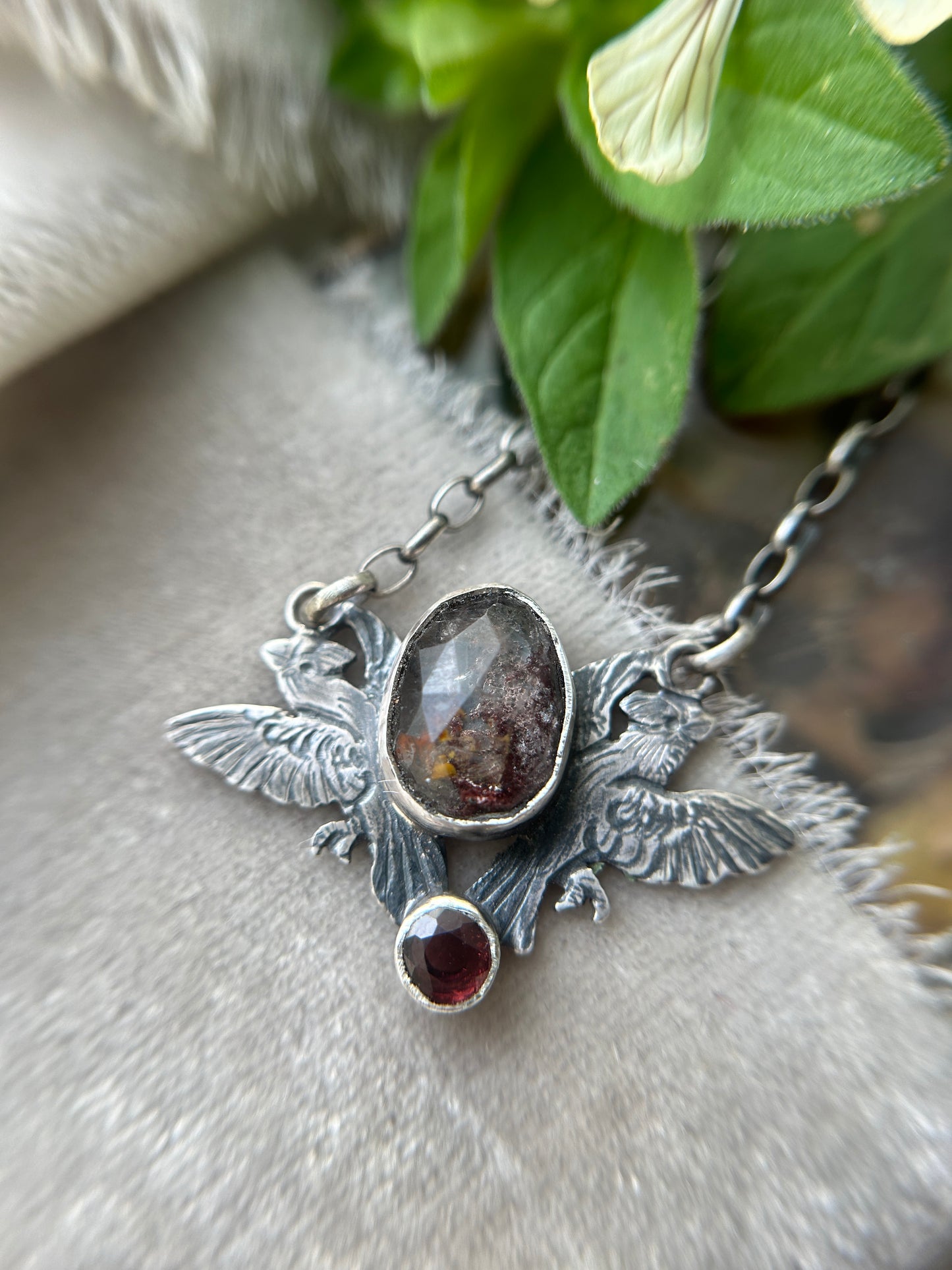 Cardinals with garden quartz and garnet necklace- sterling silver jewelry