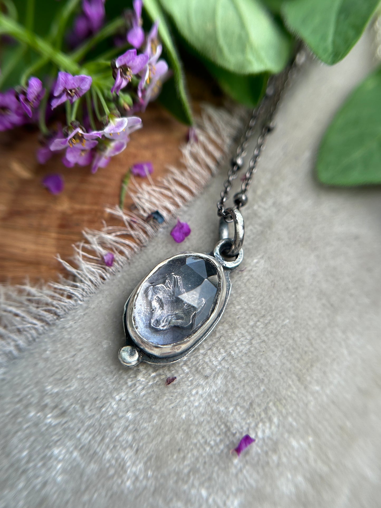 Mini amethyst with fox or moth woodland animal necklace- sterling silver jewelry