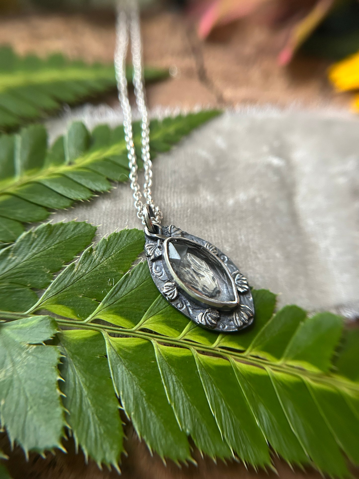 Rabbit in the ivy garden necklace with green amethyst- sterling silver jewelry