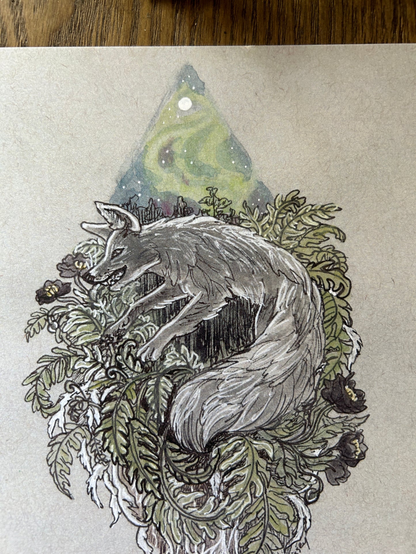 Wolf and Aurora Borealis with mouse and black poppies- art print 5-7 inches