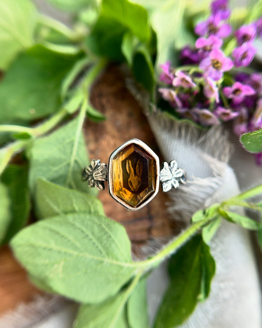 Build your own citrine hexagon ring- choice of skull, rabbit, or fox and choice of side plant accent
