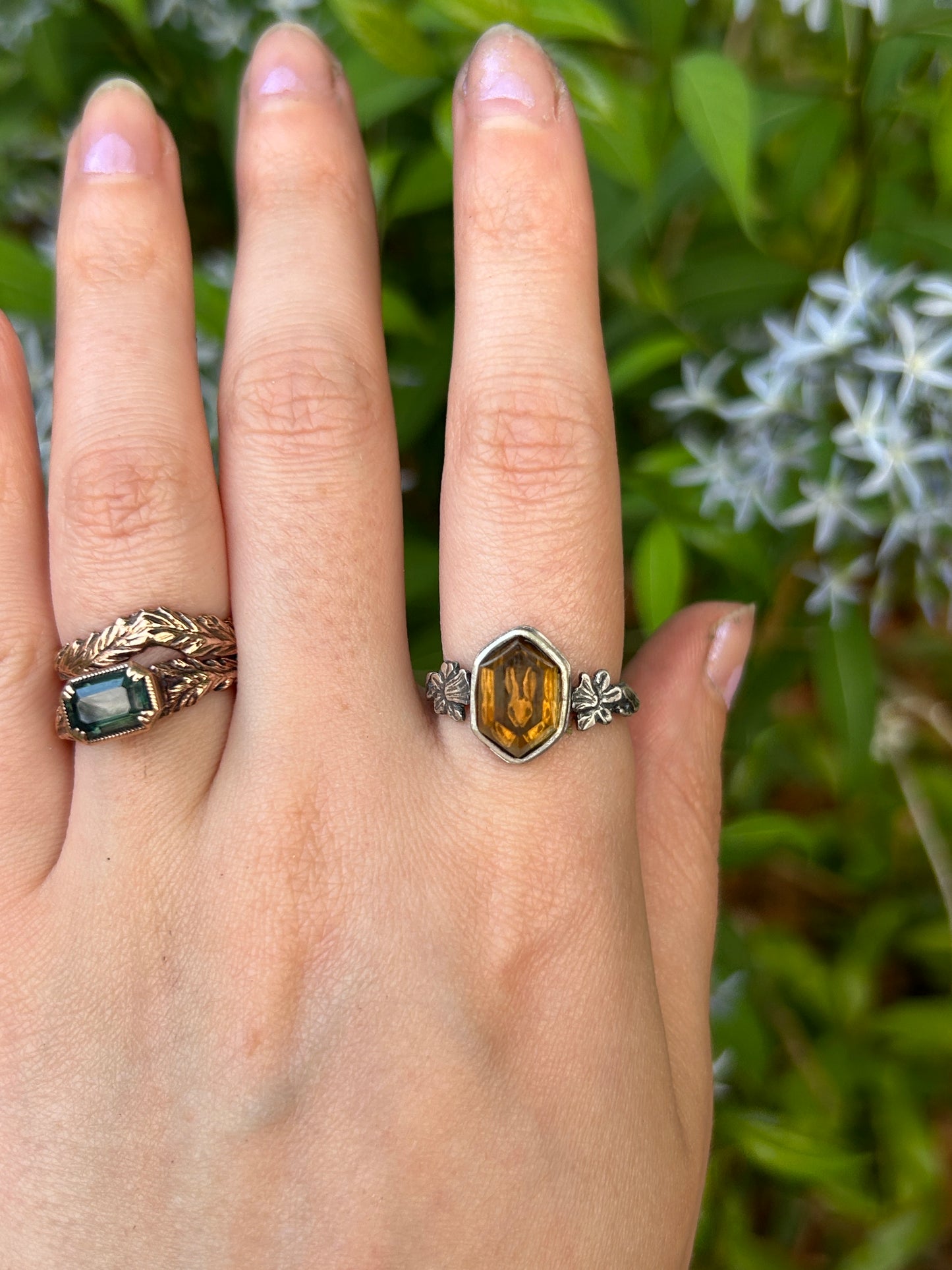 Rabbit and Daffodil citrine hexagon ring- sterling silver jewelry