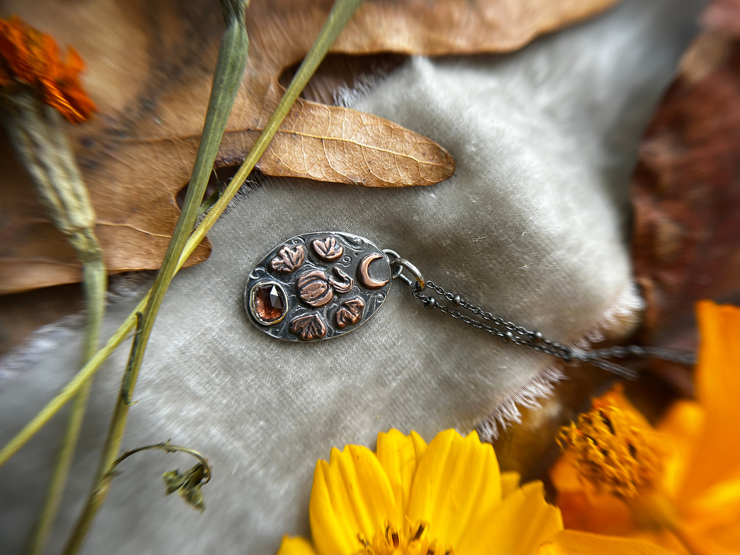 Pumpkin Moon Necklace with zircon- Sterling silver and copper detailed jewelry ready to ship
