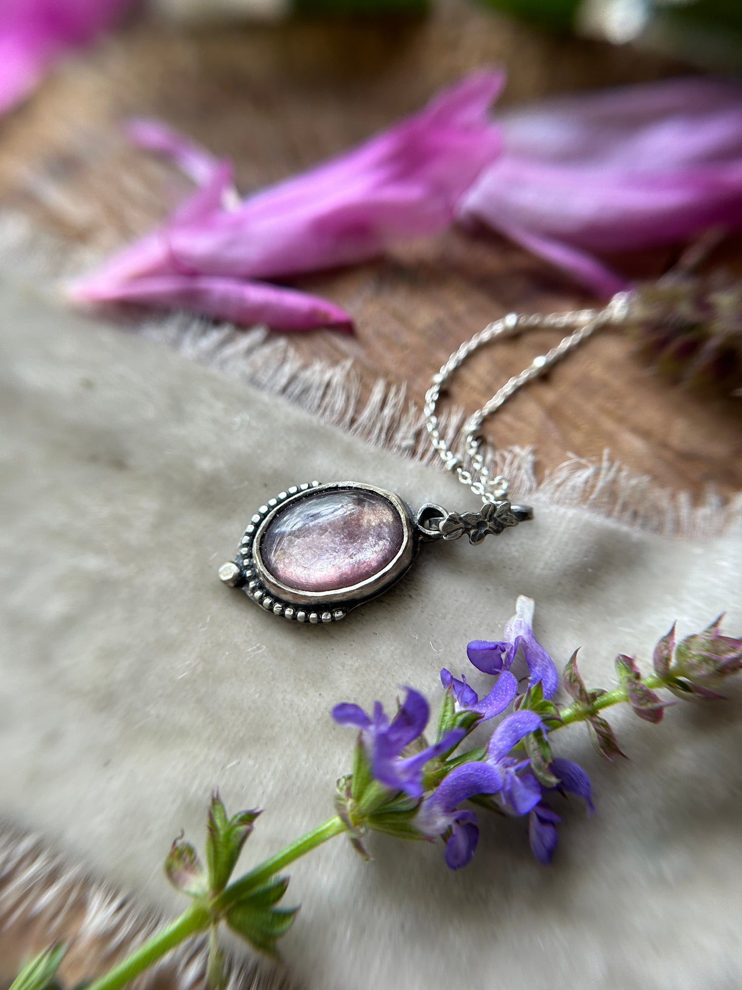 Lepidolite with Lilac Flower detail necklace- sterling silver jewelry