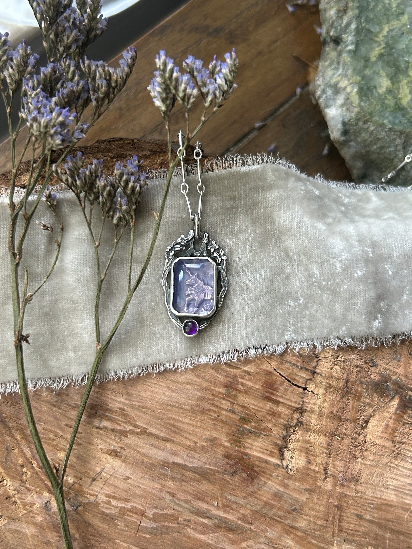 The Lilac Wood Unicorn (or other animal) under lavender quartz and amethyst Necklace- sterling silver jewelry