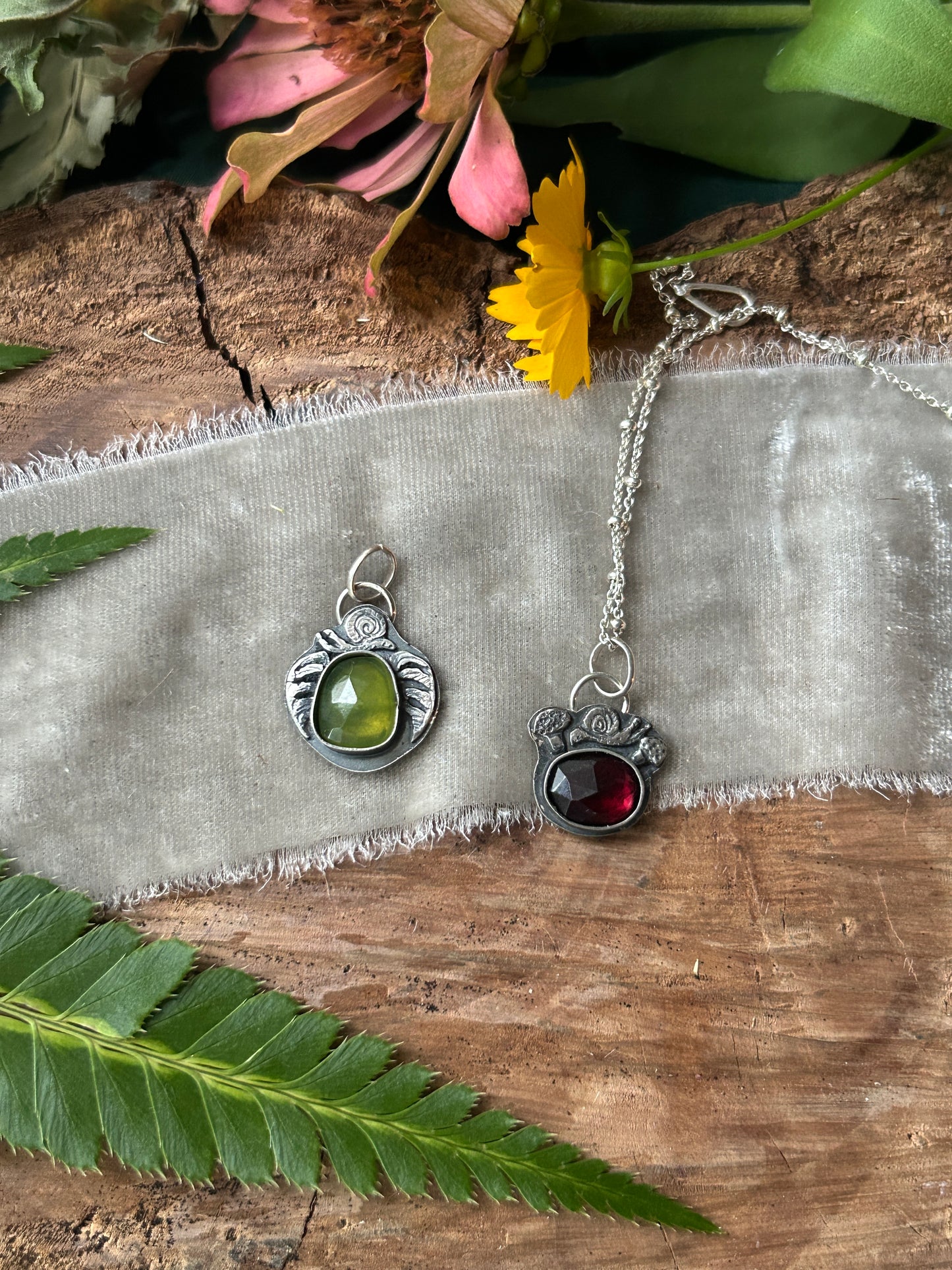 Woodland Snail with garnet or Vesuvianite- your choice of ring or pendant- sterling silver jewelry