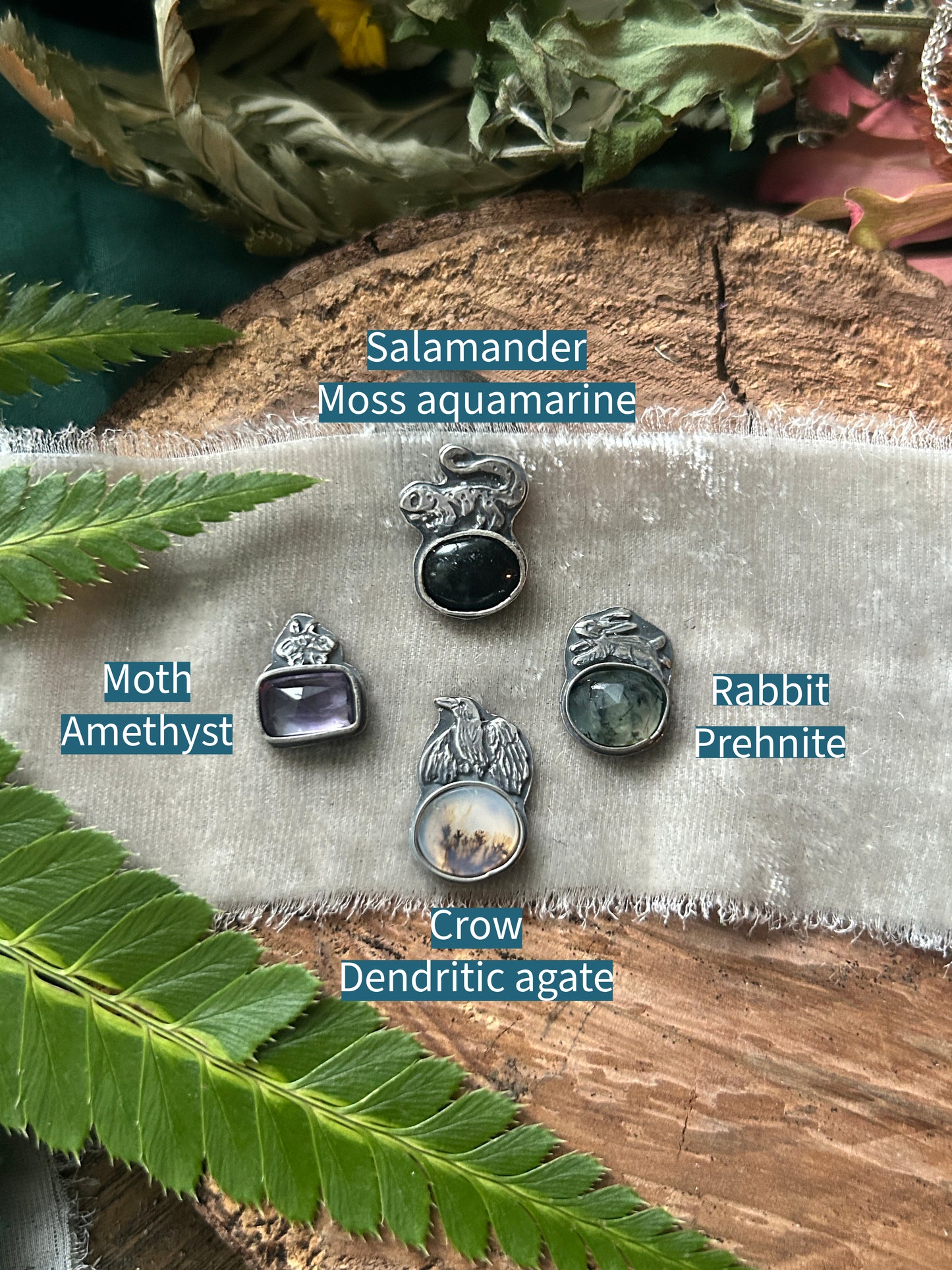 Woodland creature with gemstone- your choice of ring or pendant- sterling silver jewelry
