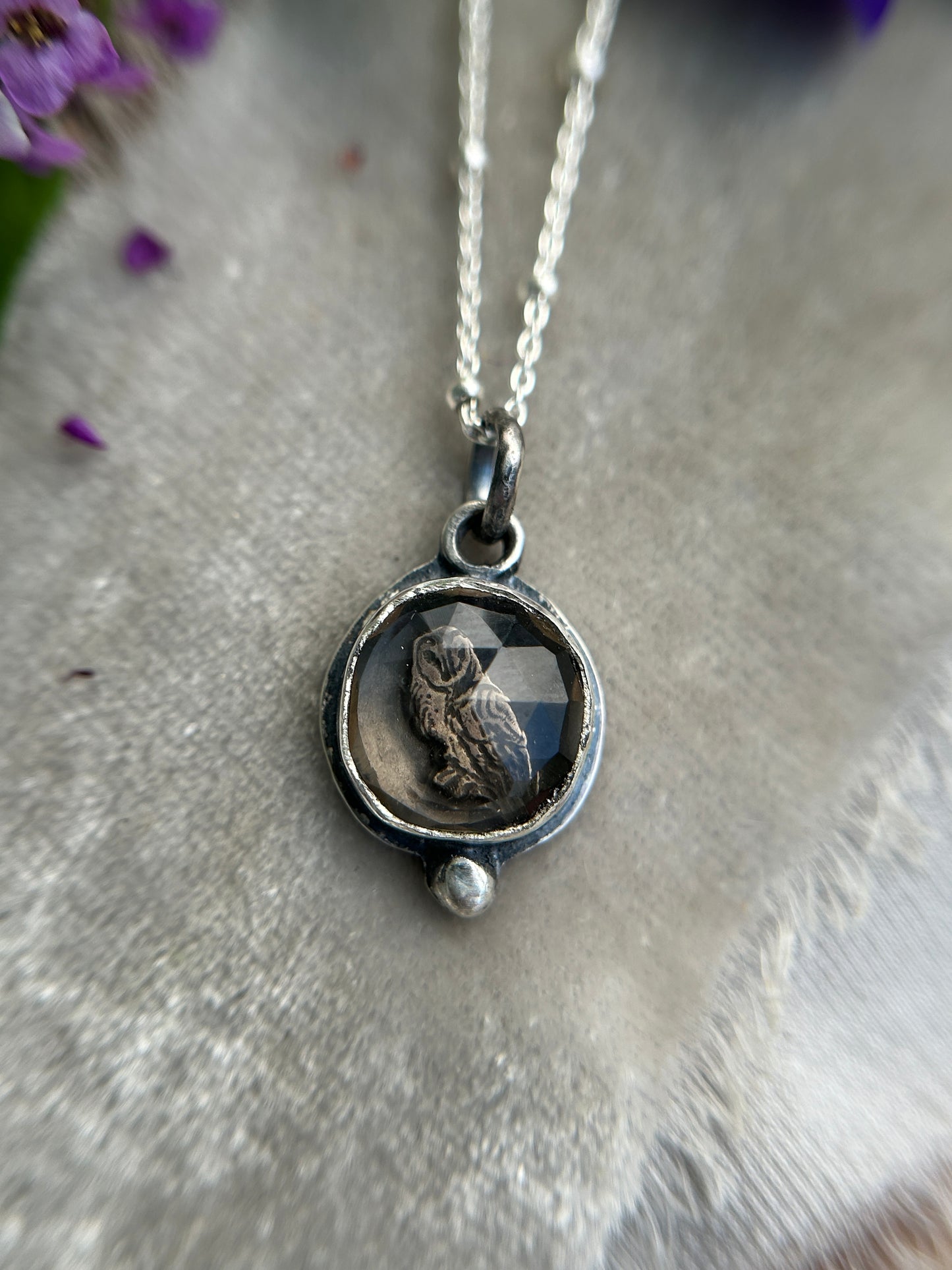 Smoky quartz barn owl necklace- Sterling silver jewelry
