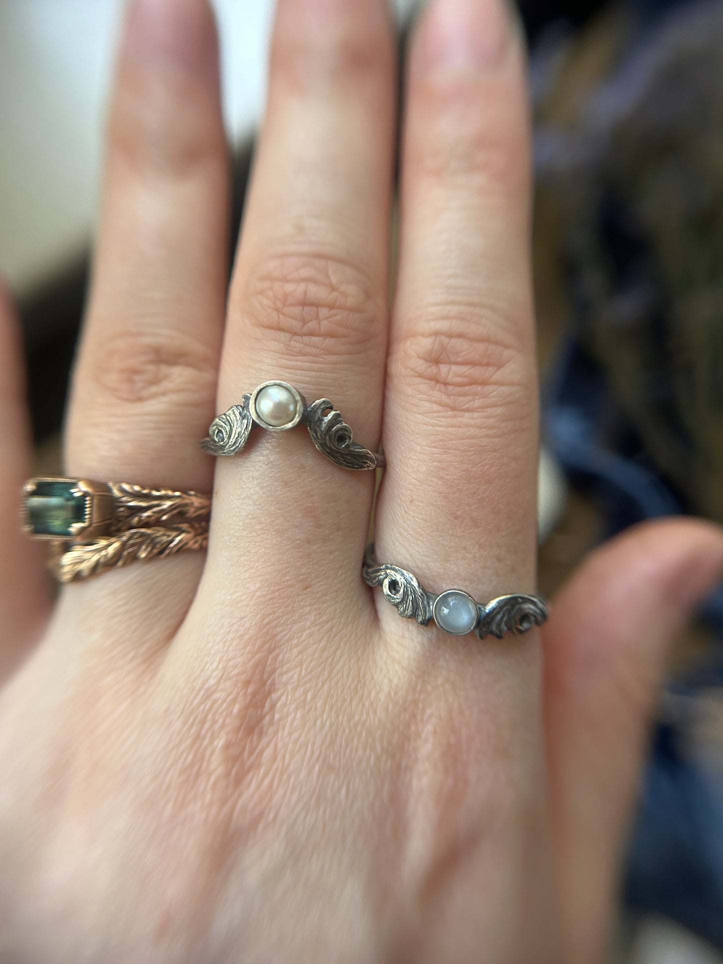 Ocean Waves Stacking Ring- choice of pearl or gem- sterling silver- jewelry