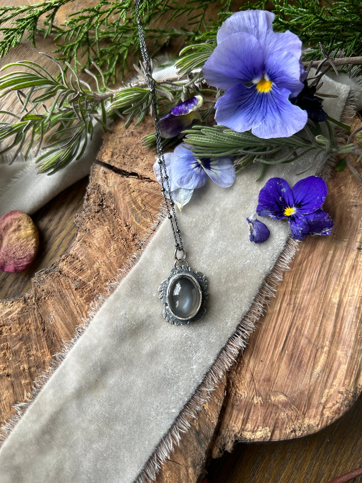 Grey Moonstone Forest Scrying Mirror Necklace- sterling silver