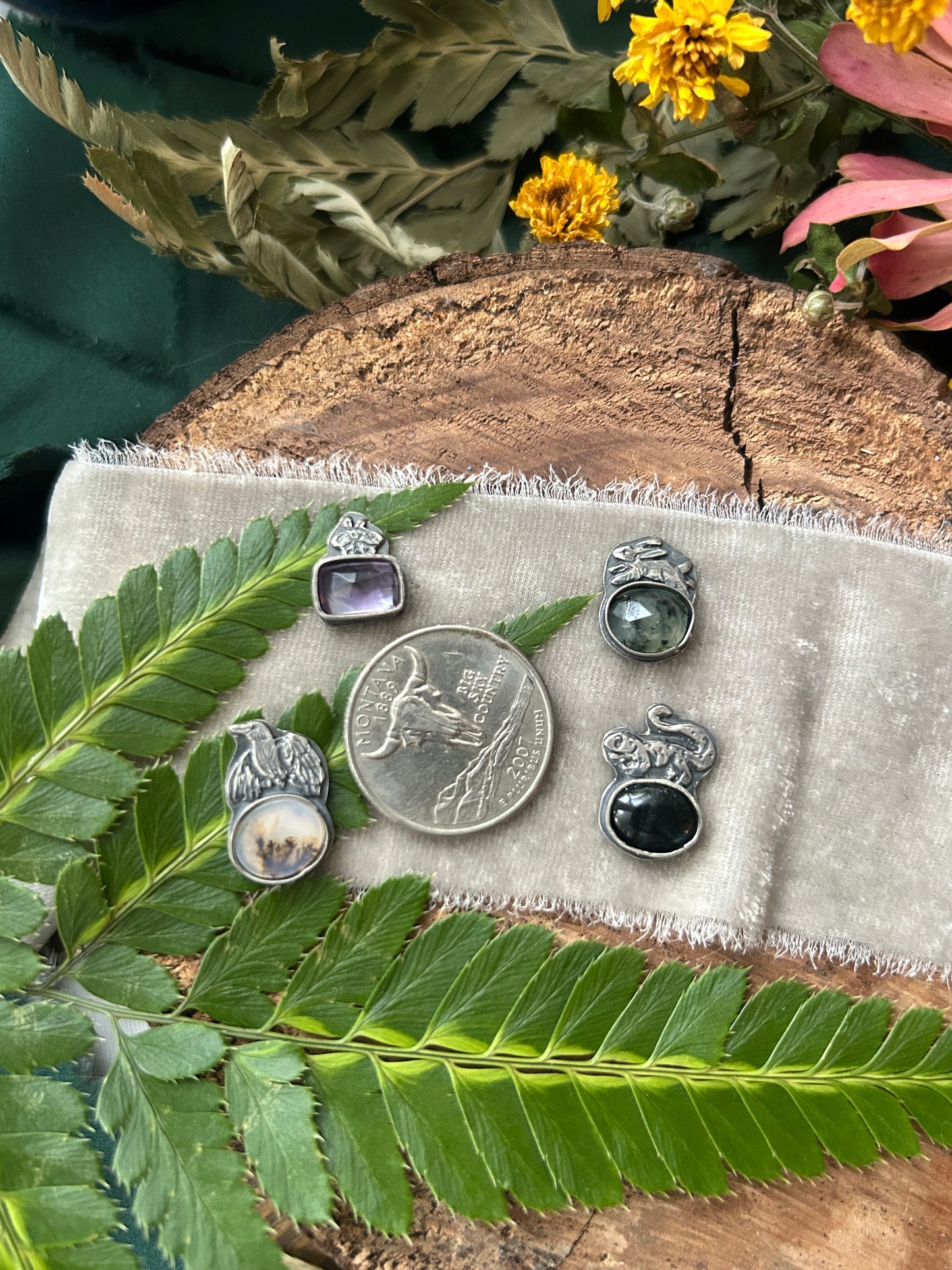 Woodland creature with gemstone- your choice of ring or pendant- sterling silver jewelry