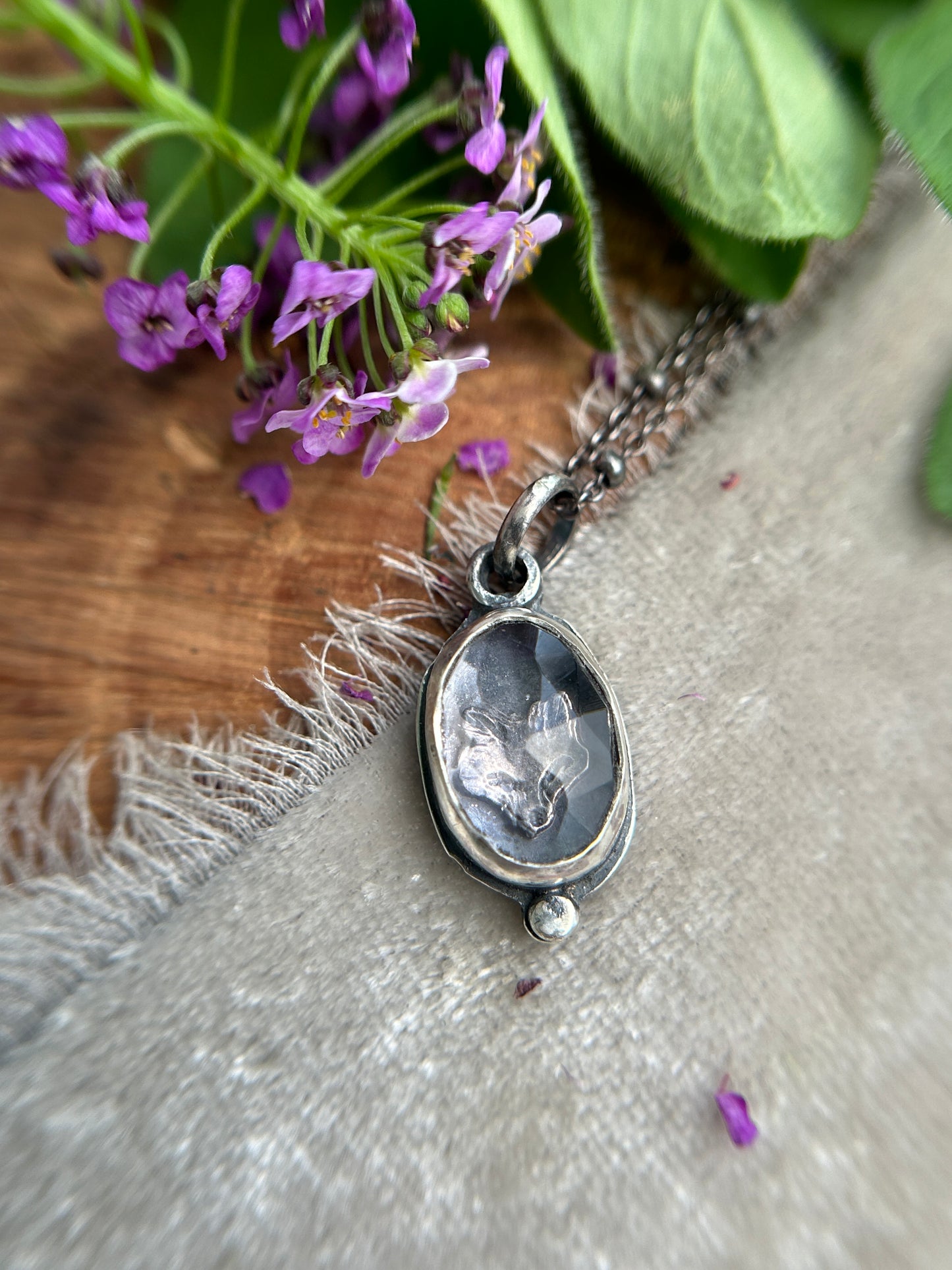 Mini amethyst with fox or moth woodland animal necklace- sterling silver jewelry