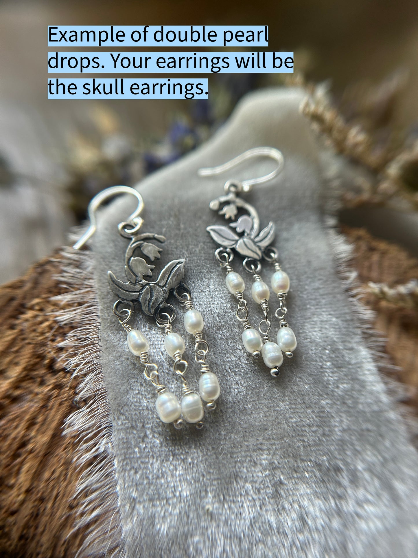 Skull Chandelier Earrings with black or white pearls- sterling silver memento mori jewelry