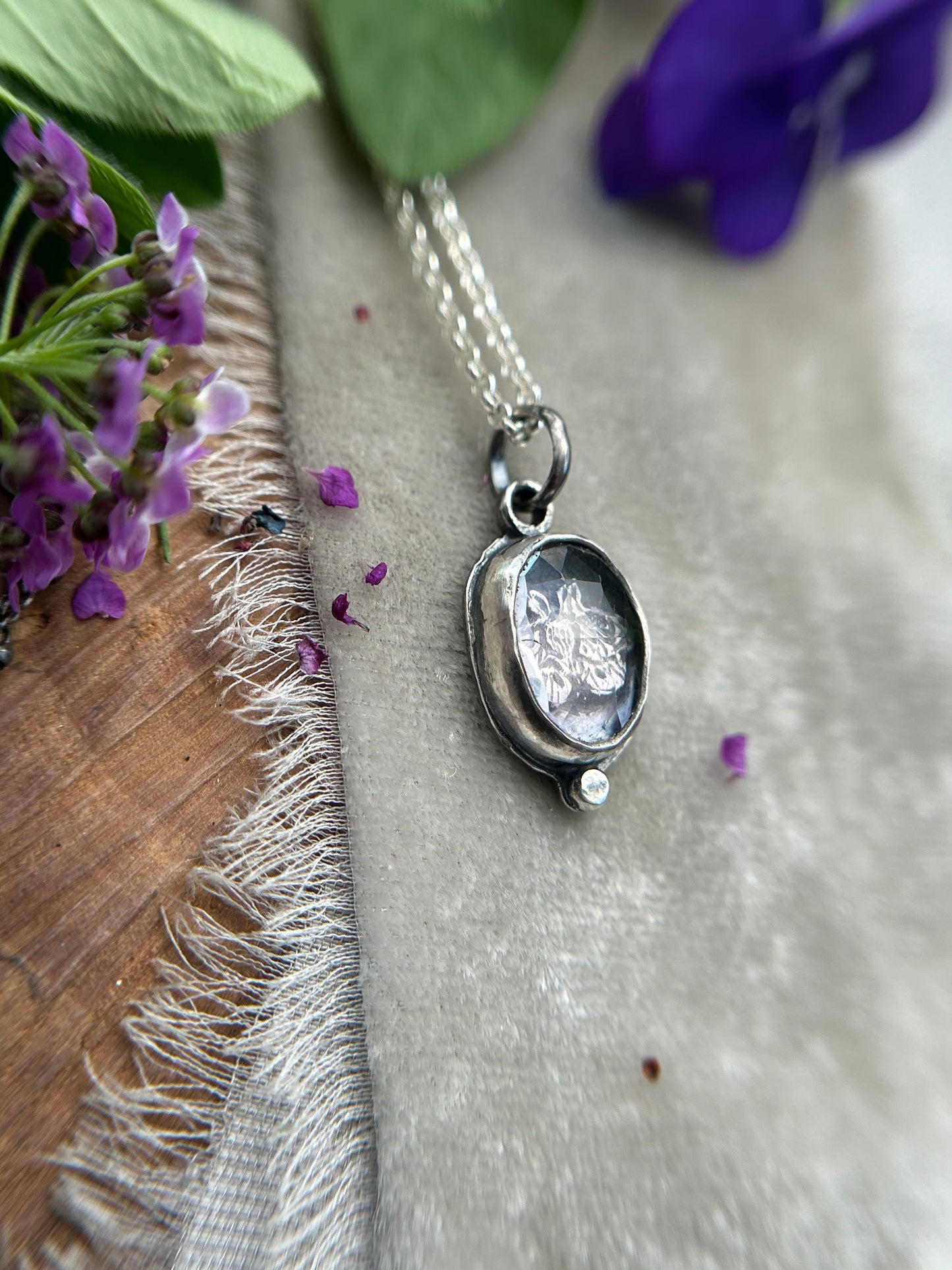Mini amethyst with fox or moth woodland animal necklace- sterling silver jewelry