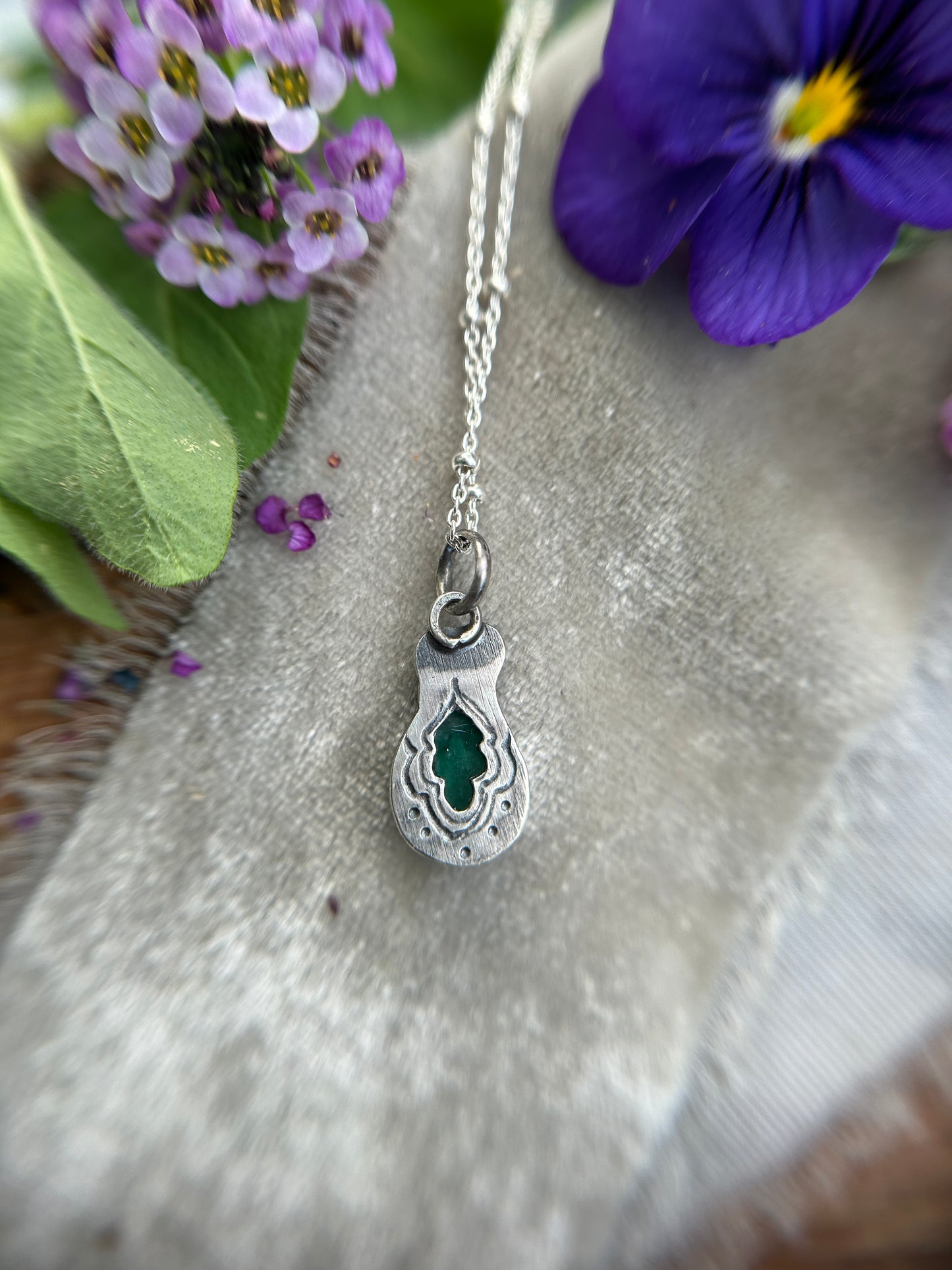 Emerald with snail necklace- sterling silver jewelry