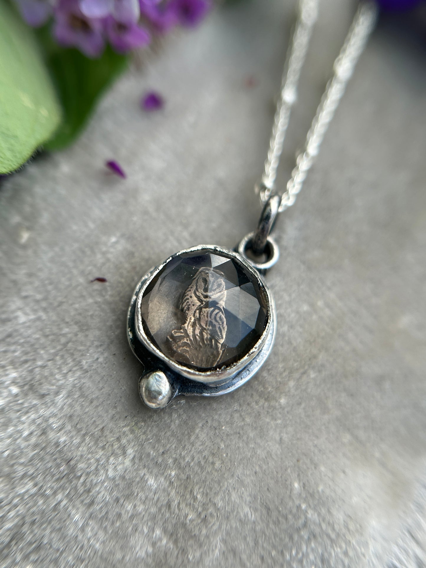 Smoky quartz barn owl necklace- Sterling silver jewelry