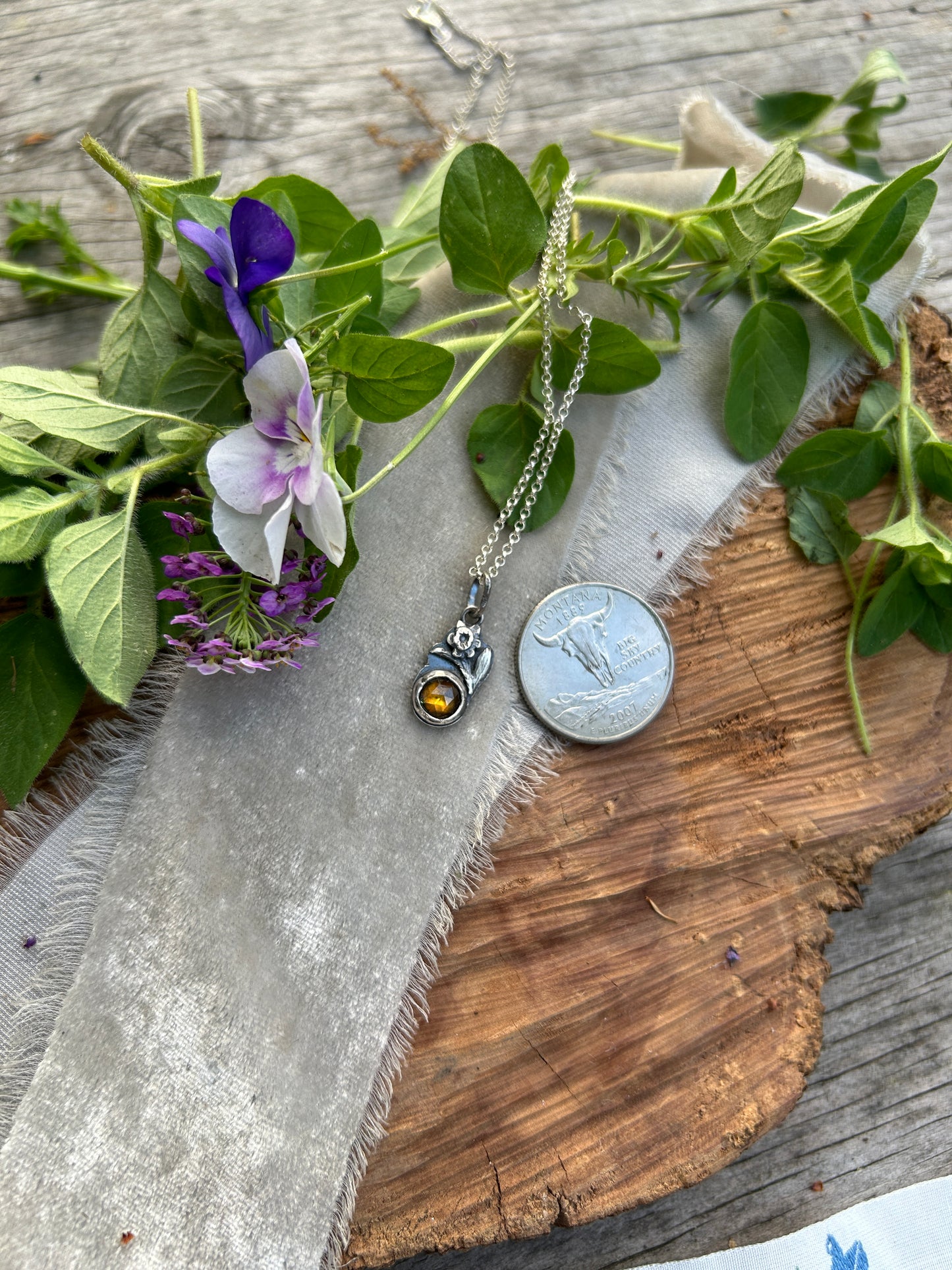 Mini Daffodil with golden sphene Necklace- sterling silver floral jewelry