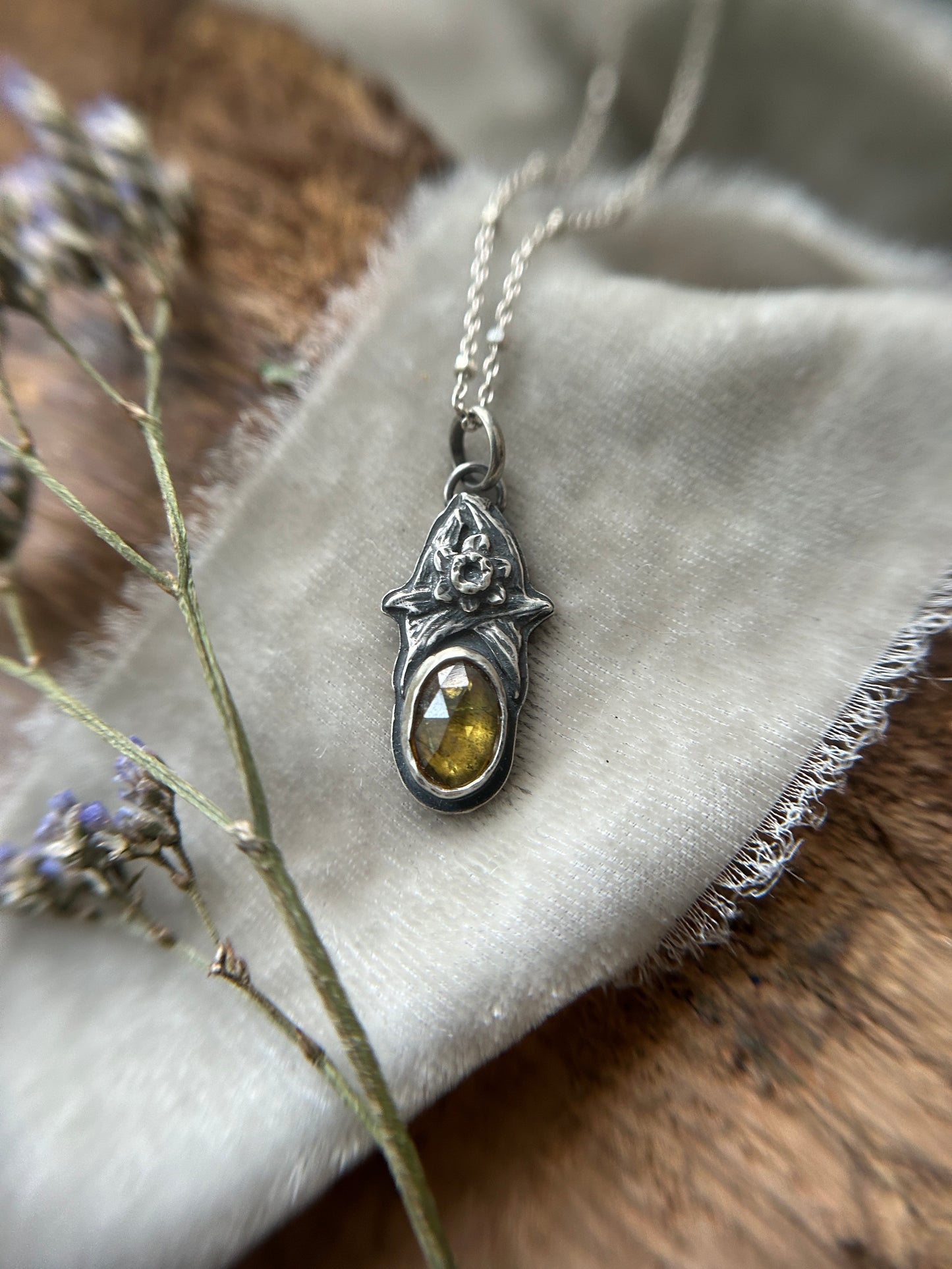 Sphene and Daffodil Necklace- sterling silver floral jewelry