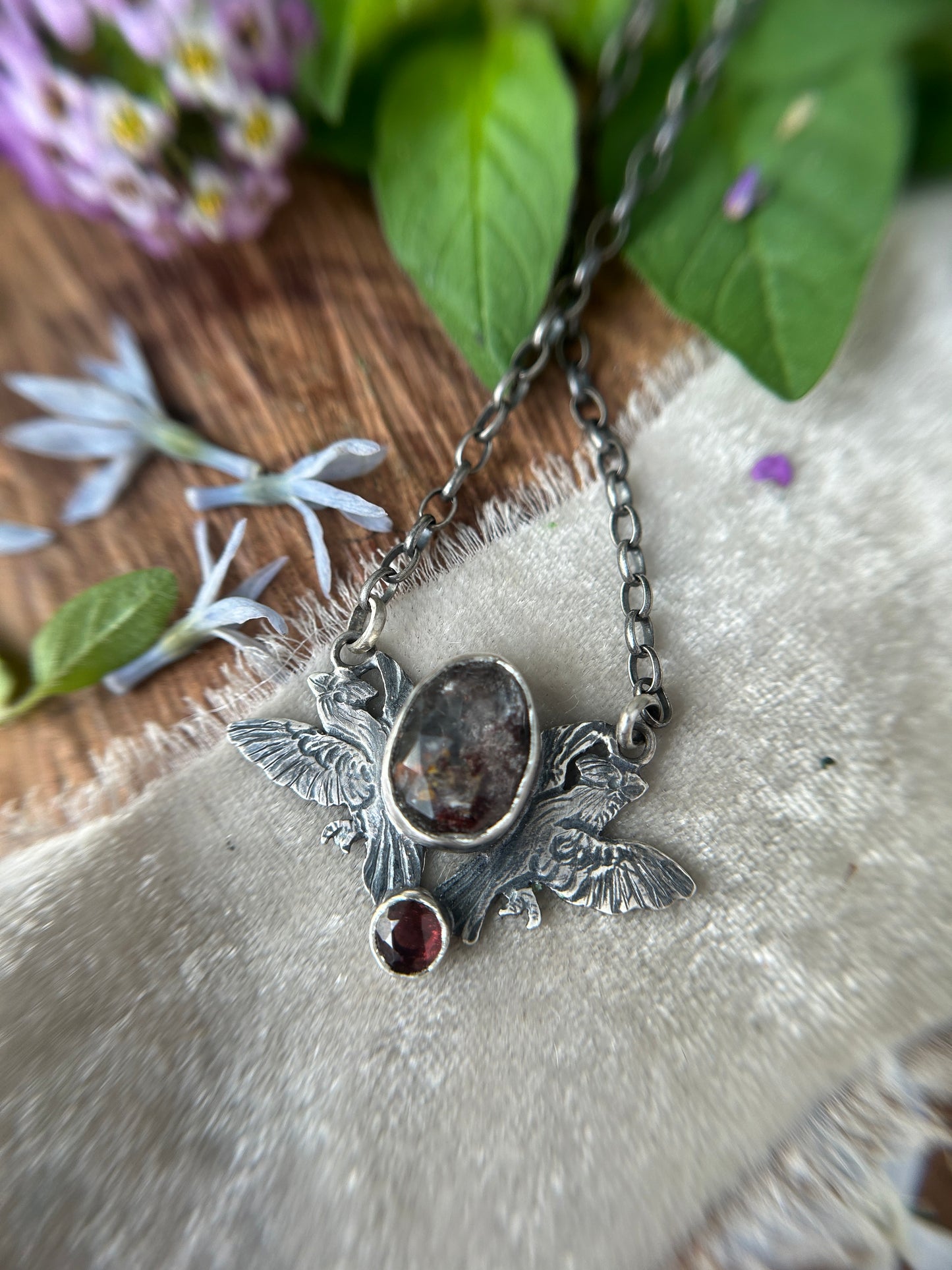 Cardinals with garden quartz and garnet necklace- sterling silver jewelry