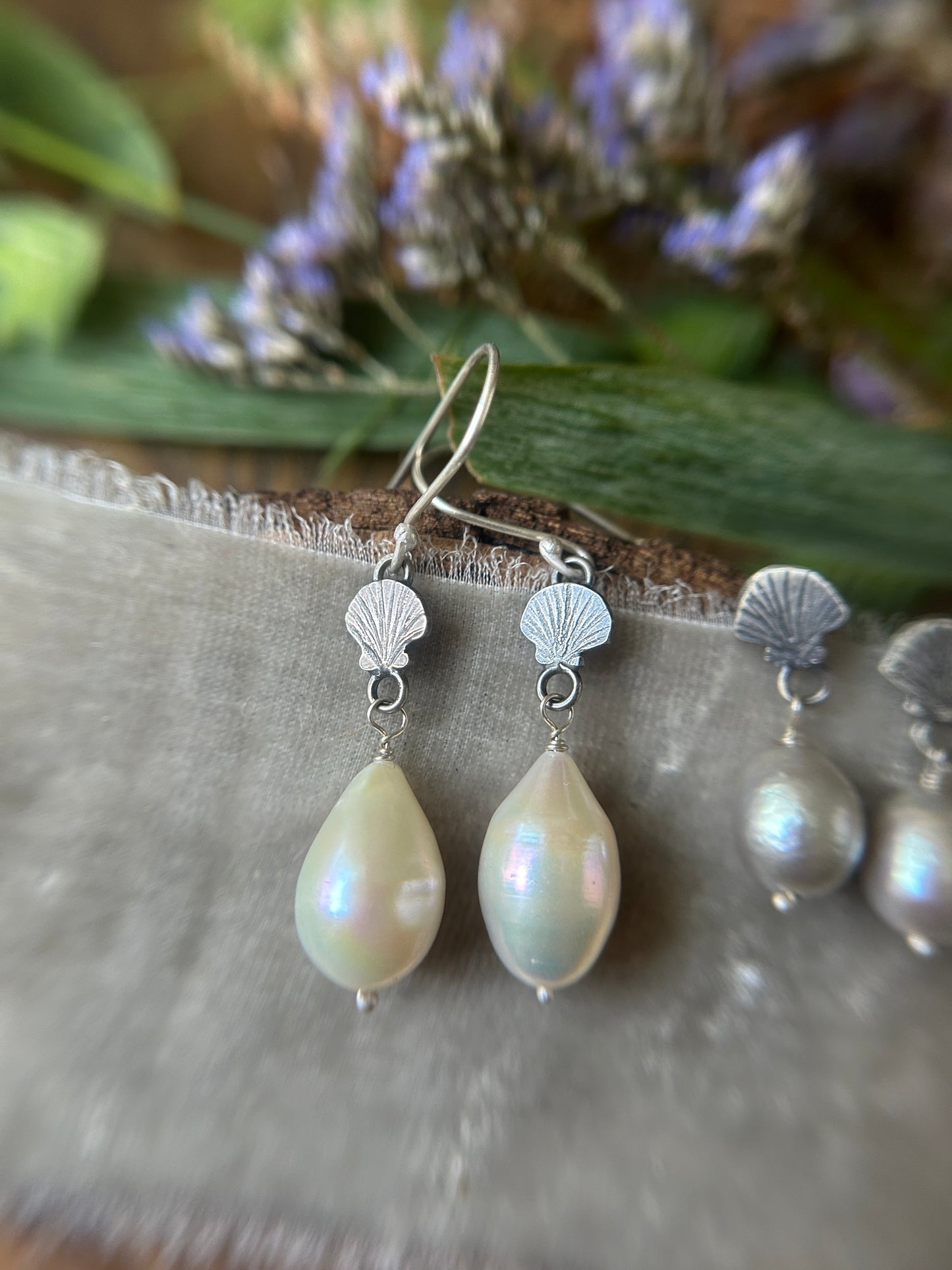 Baroque Pearl Seashell Earrings- sterling silver jewelry