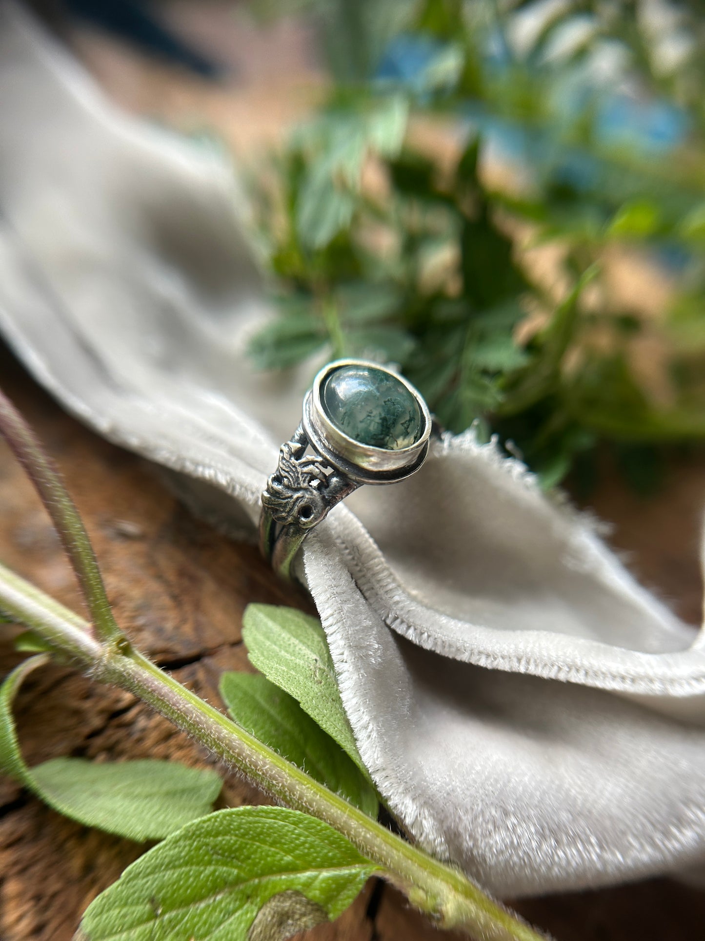 Kelpie Ring with Moss Agate- sterling silver jewelry