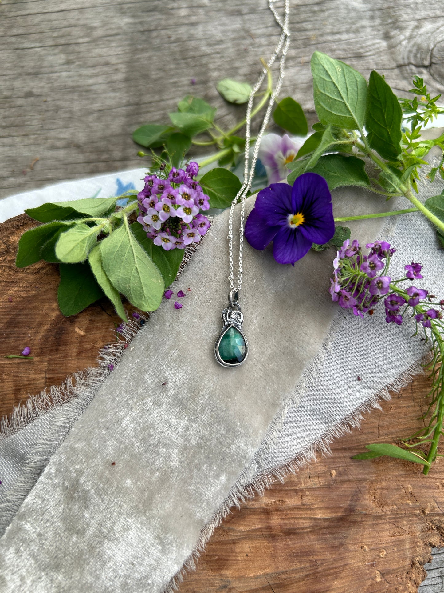 Emerald with snail necklace- sterling silver jewelry