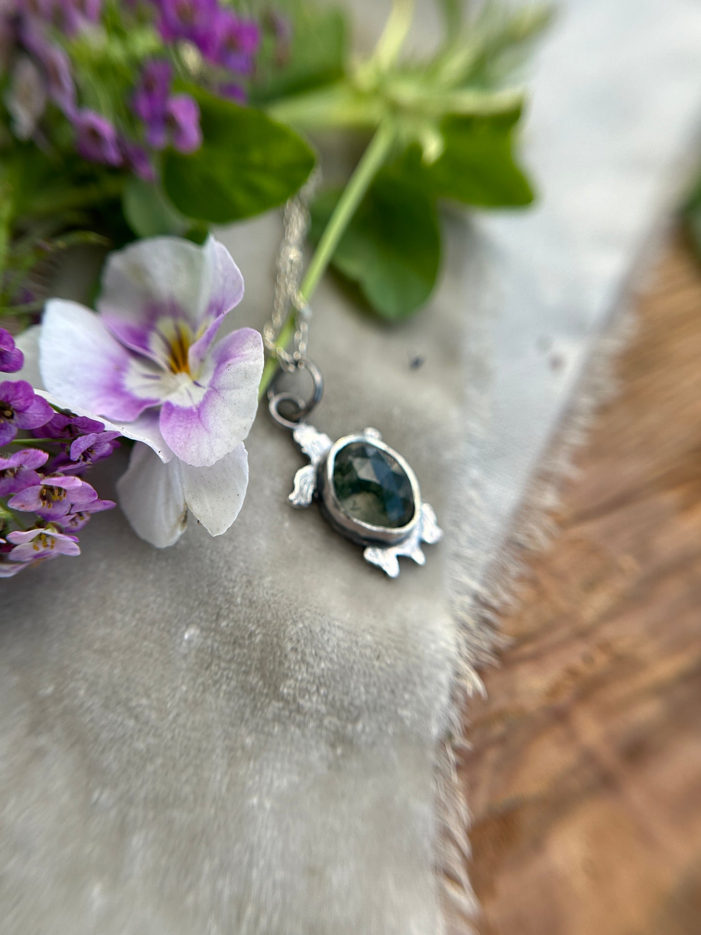 Swamp Turtle Necklace in moss agate- sterling silver
