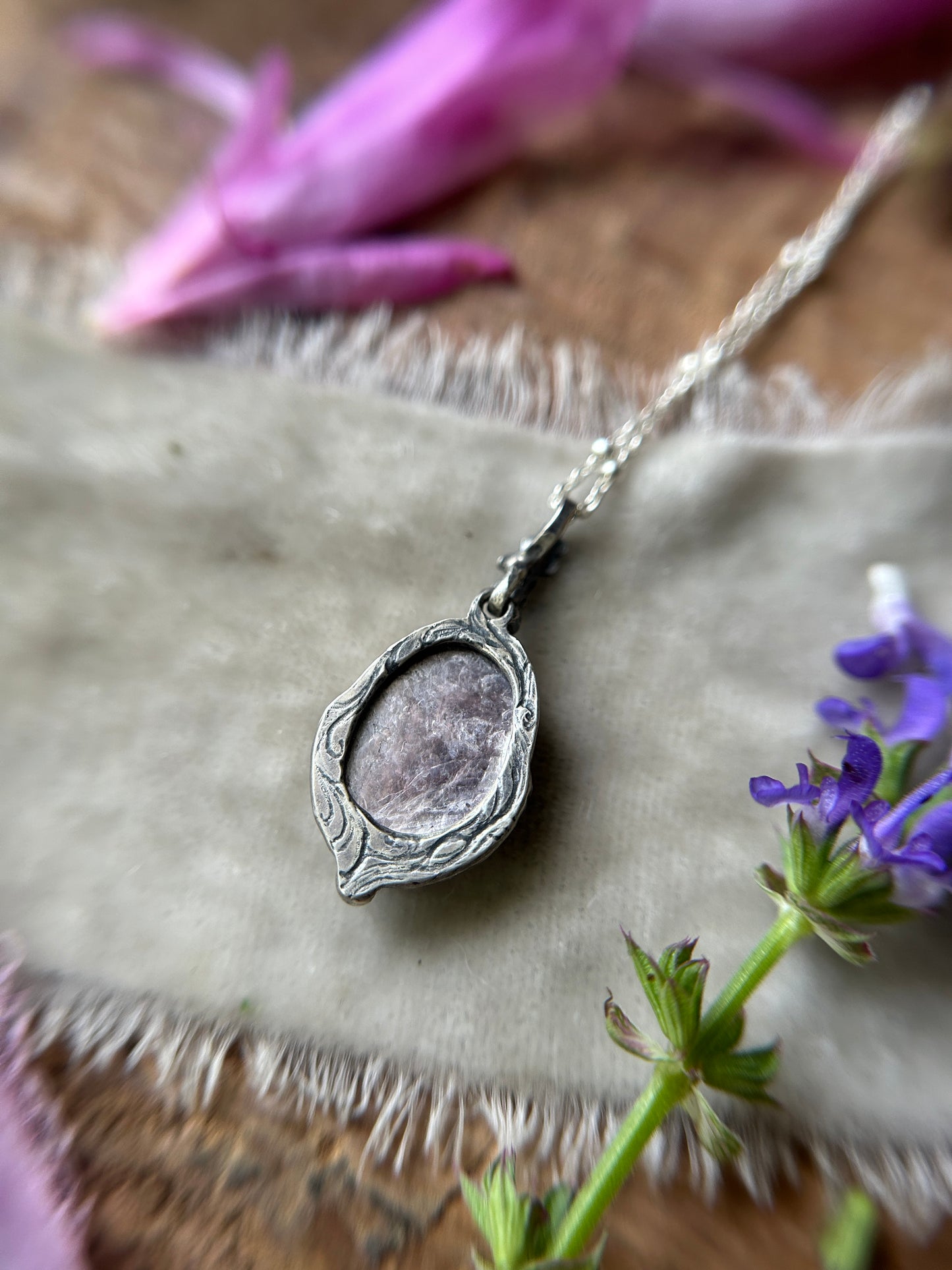Lepidolite with Lilac Flower detail necklace- sterling silver jewelry