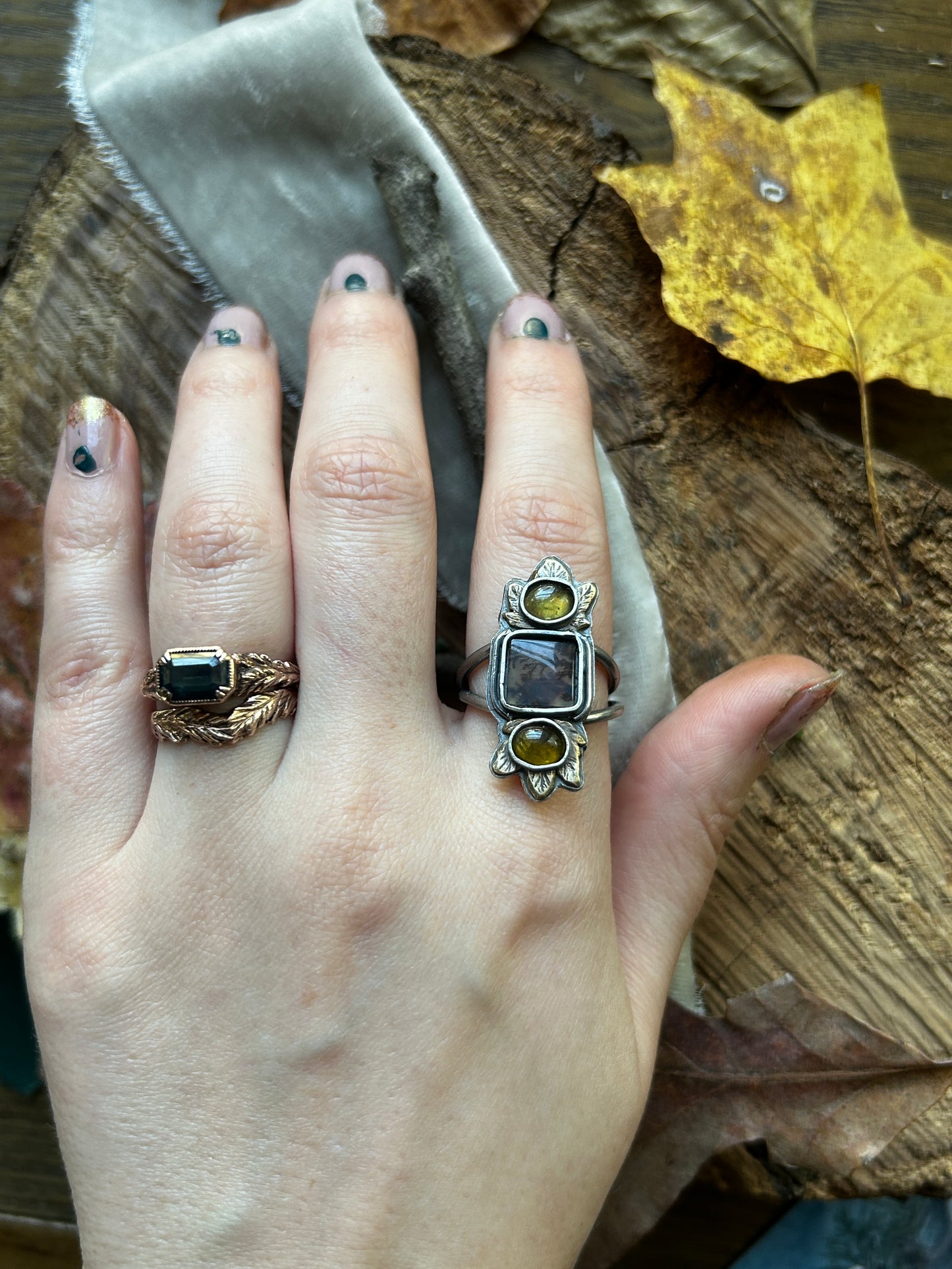 Woodland Maple leaf ring with Dendritic Agate and Tourmaline- sterling silver and brass jewelry