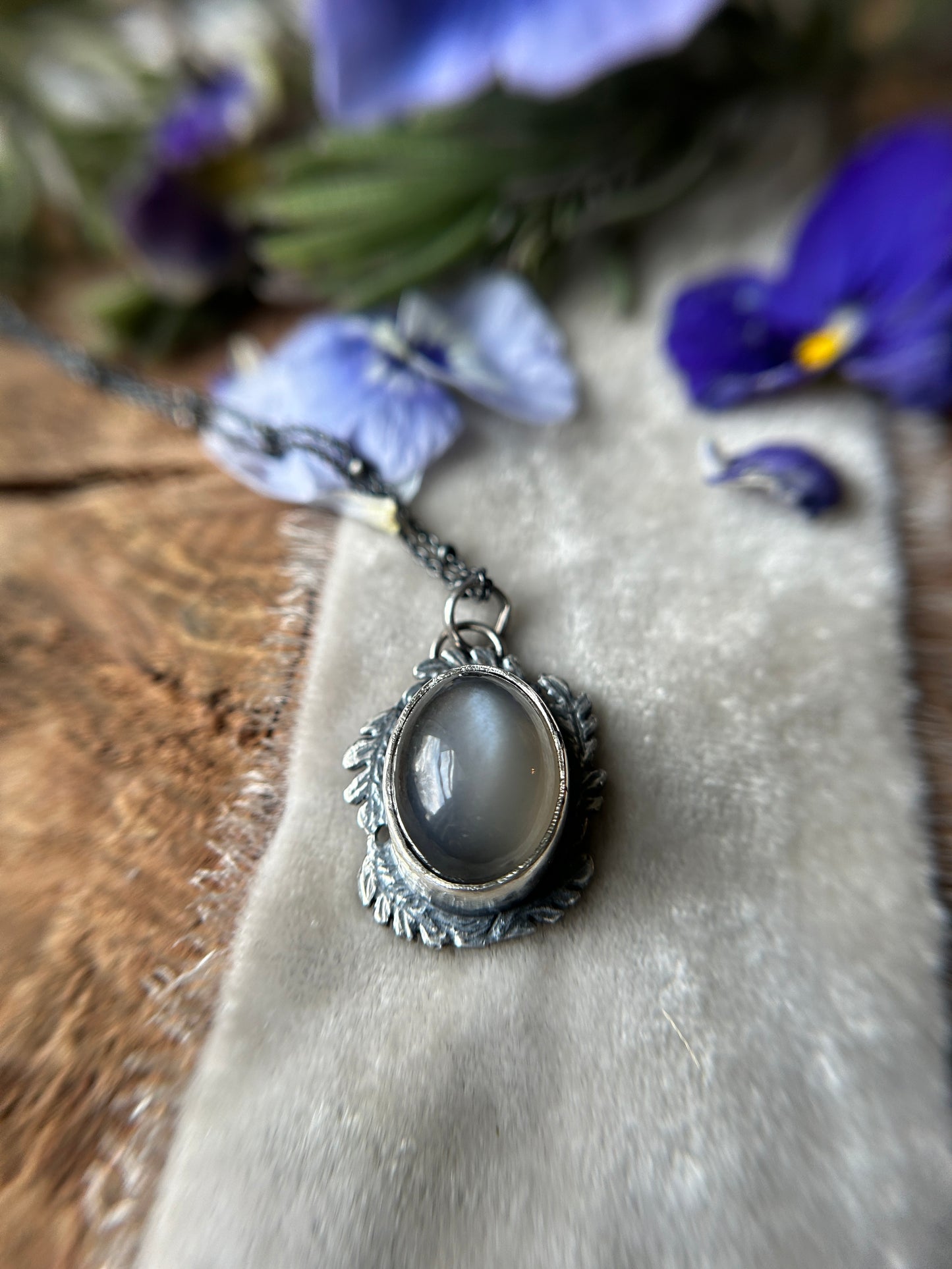 Grey Moonstone Forest Scrying Mirror Necklace- sterling silver
