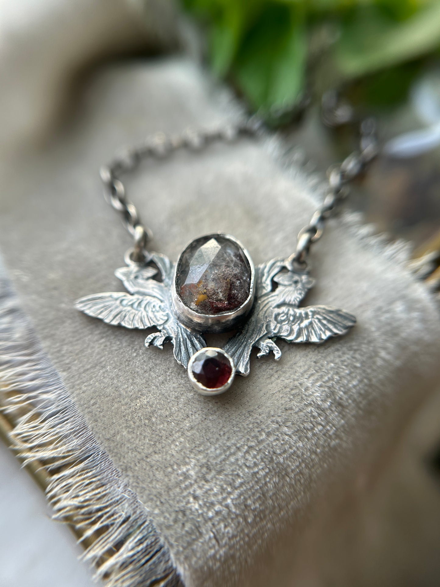 Cardinals with garden quartz and garnet necklace- sterling silver jewelry