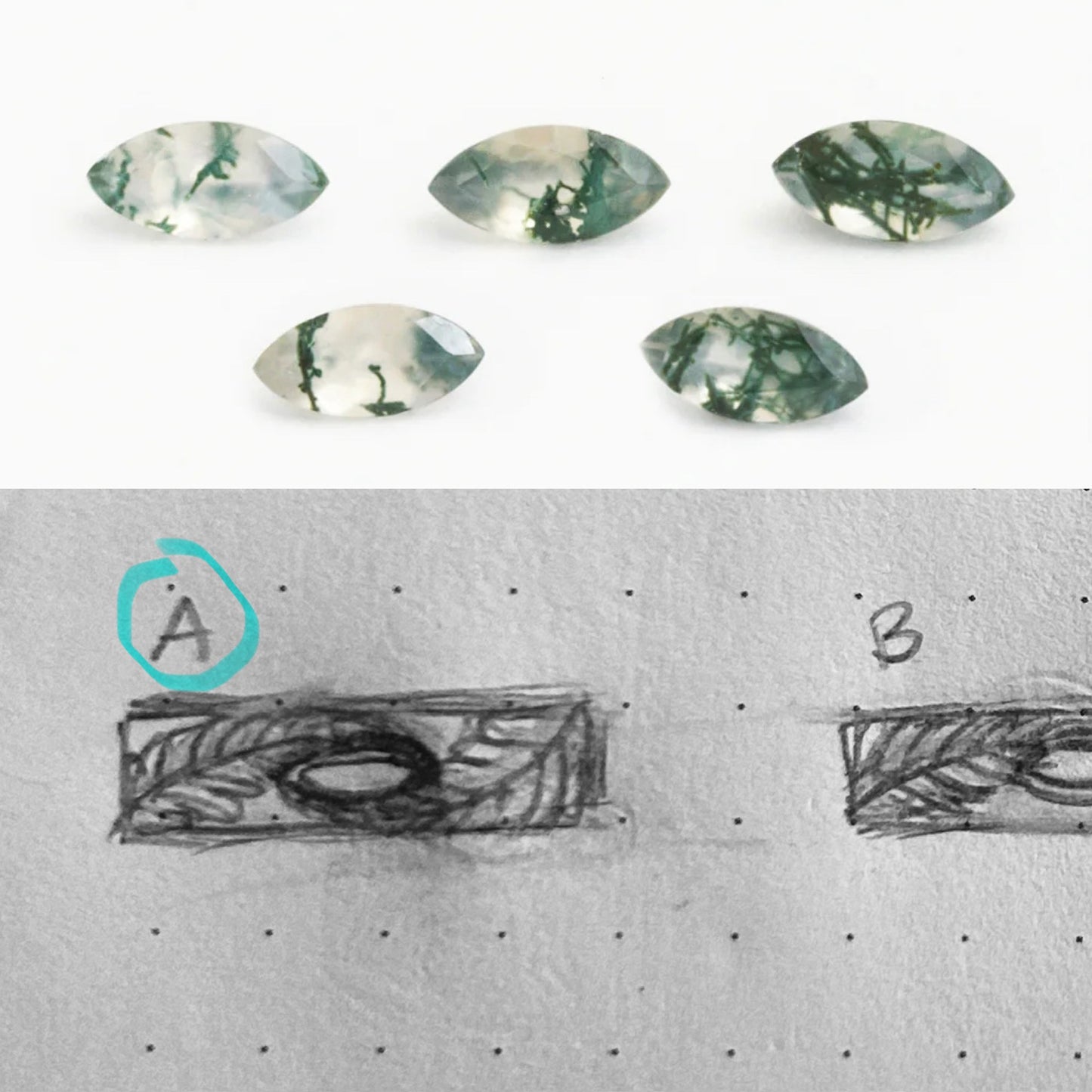Custom ring- moss agate and fern leaves wide band ring- sterling silver and brass