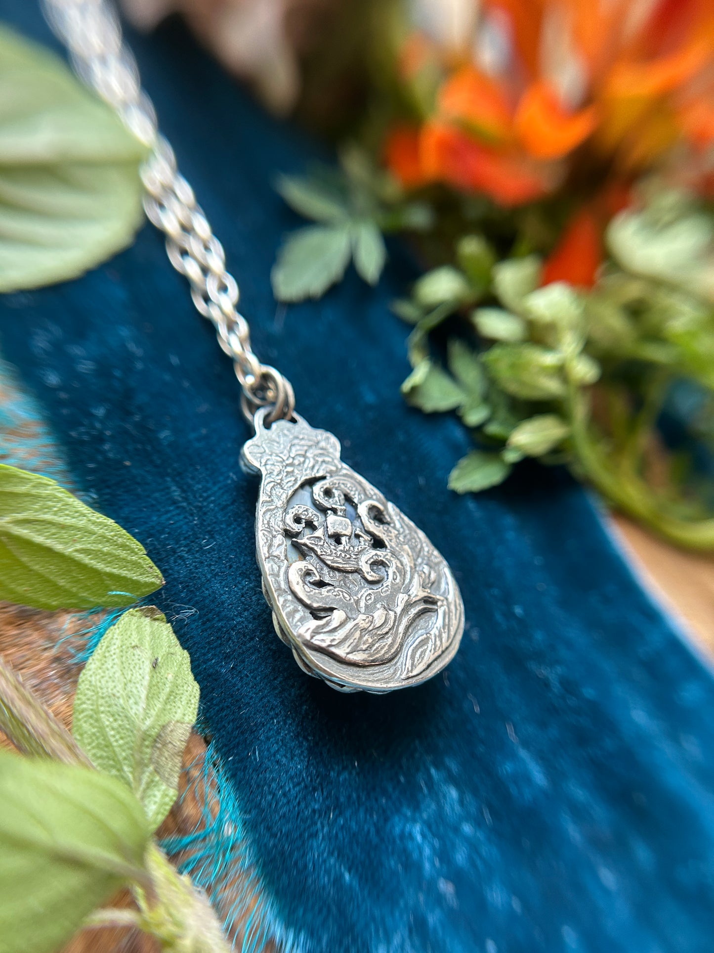 Pietersite with Grey Moonstone and Kraken with Ship detailing- sterling silver jewelry
