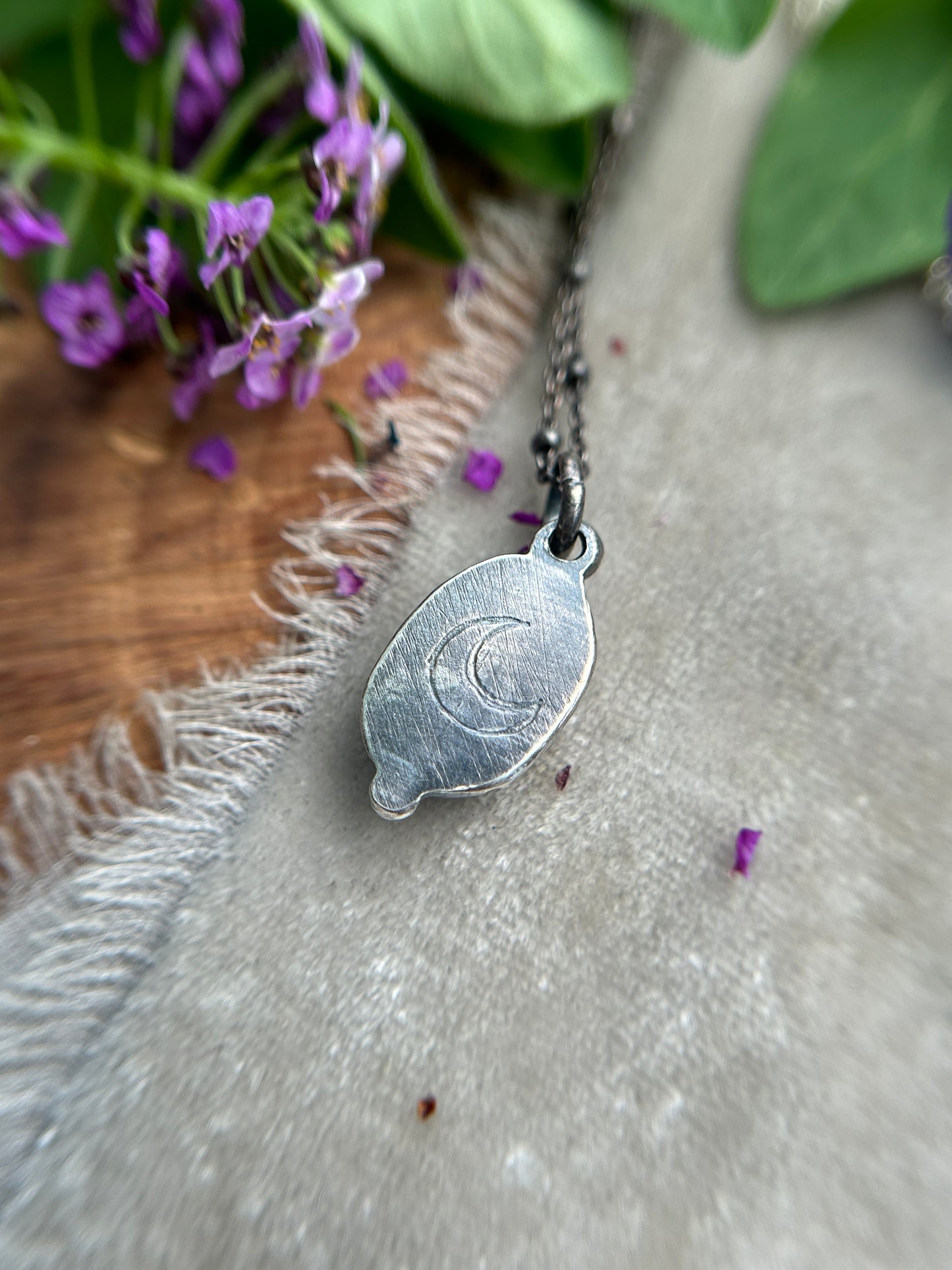 Mini amethyst with fox or moth woodland animal necklace- sterling silver jewelry