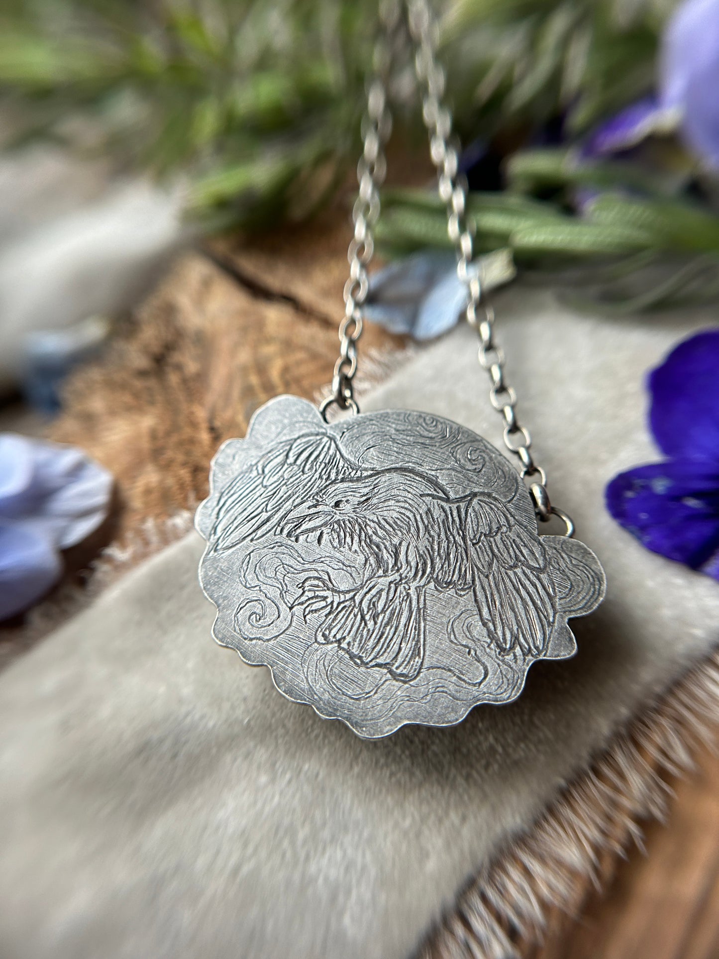 Hellebore Flowers with Hypersenthe and Black onyx- sterling silver necklace with adjustable chain