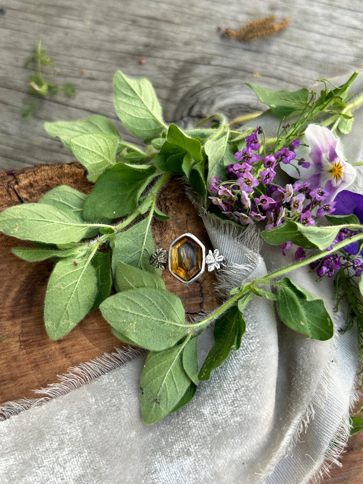 Rabbit and Daffodil citrine hexagon ring- sterling silver jewelry