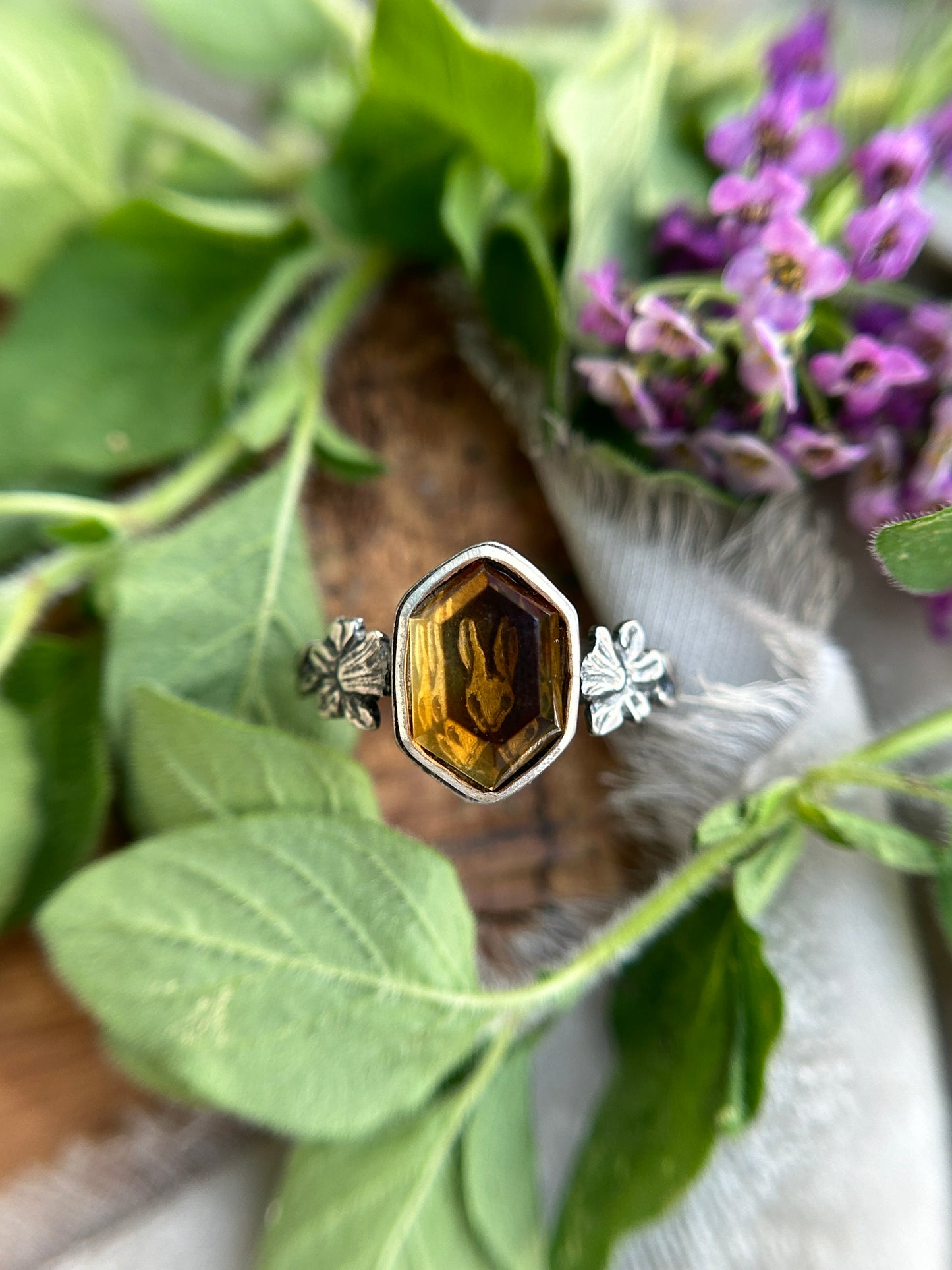 Rabbit and Daffodil citrine hexagon ring- sterling silver jewelry