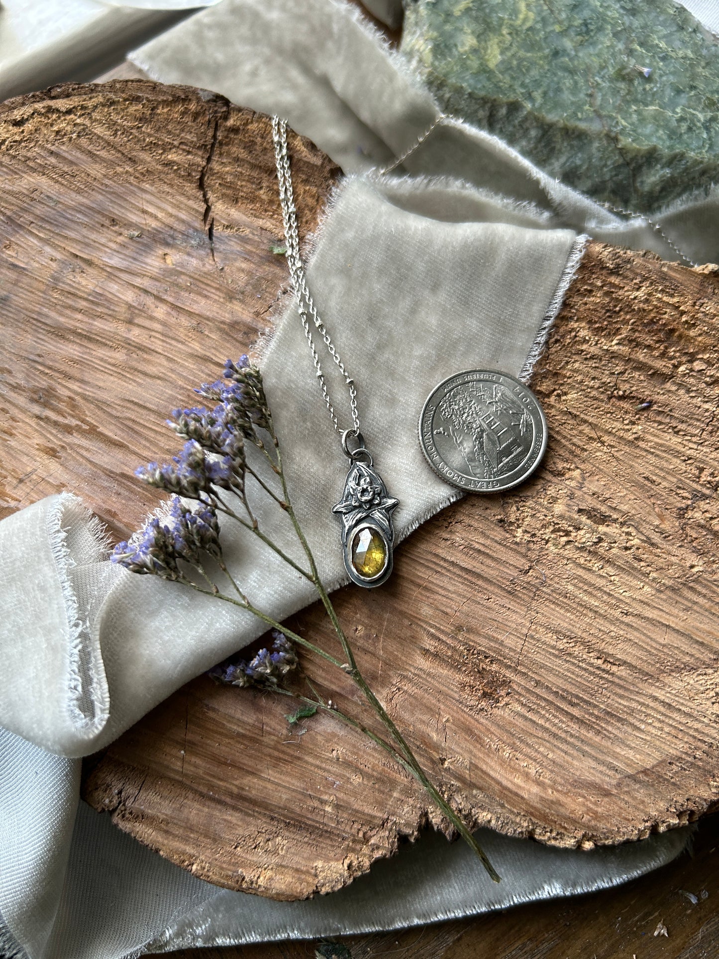 Sphene and Daffodil Necklace- sterling silver floral jewelry