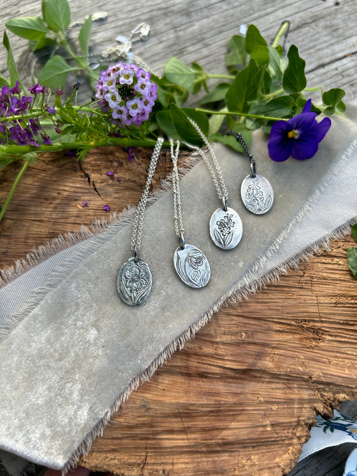 Engraved plant pendant with white sapphire necklace- sterling silver jewelry