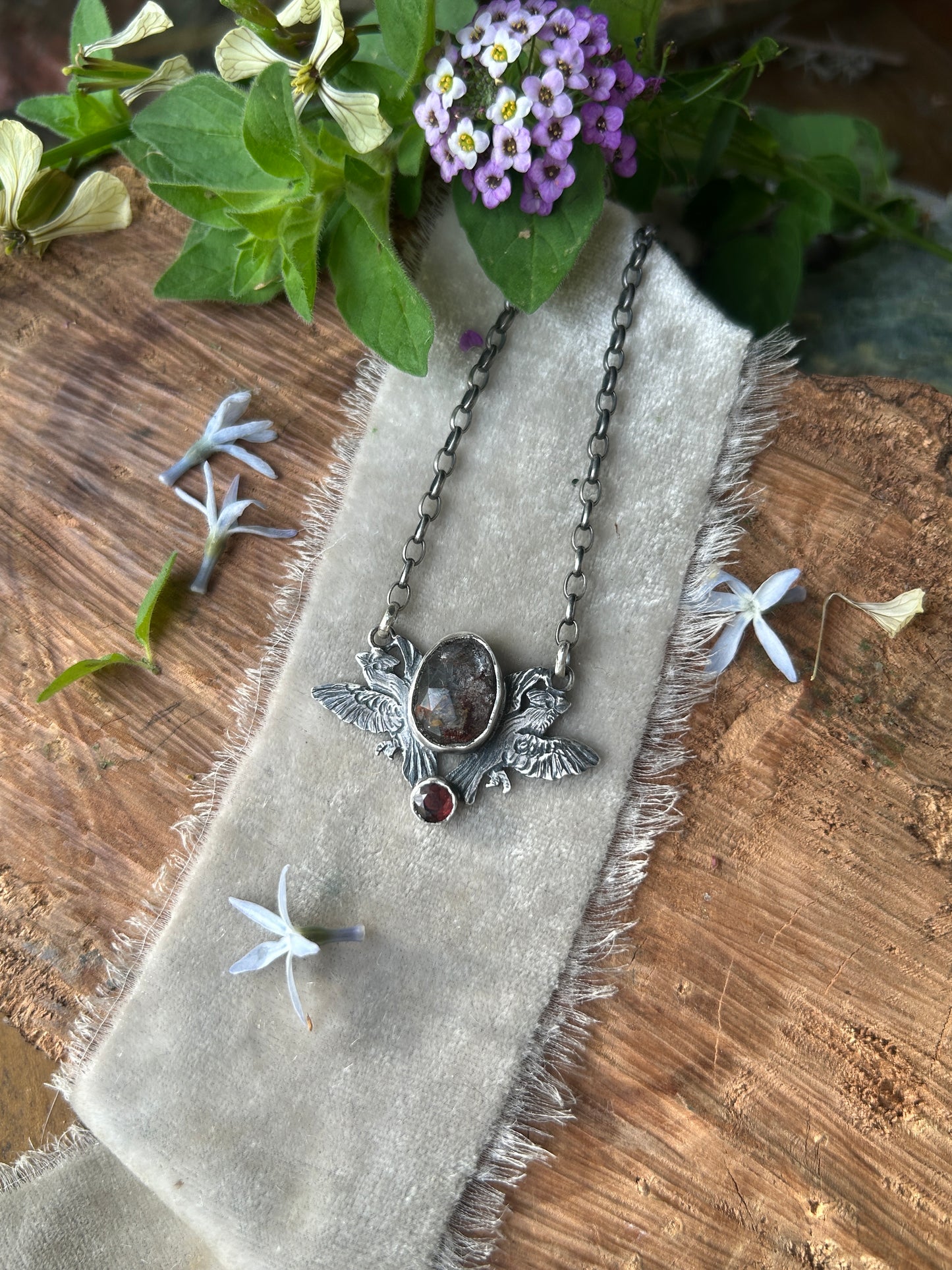 Cardinals with garden quartz and garnet necklace- sterling silver jewelry