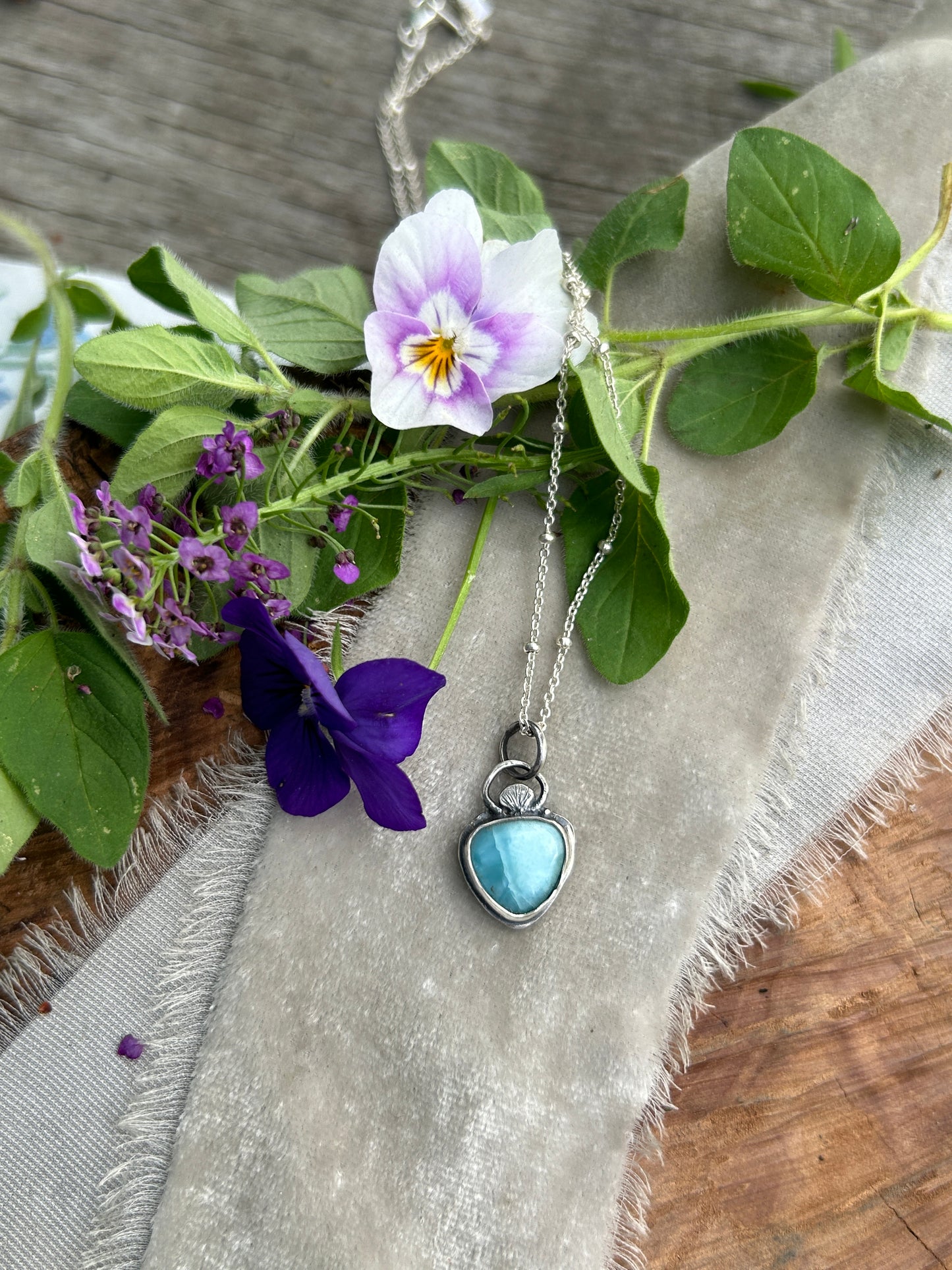 Larimar with Sea Shell Detail- Sterling silver necklace- metalsmith made