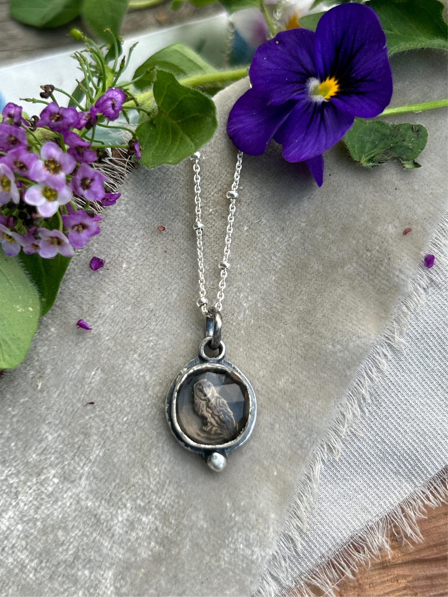 Smoky quartz barn owl necklace- Sterling silver jewelry