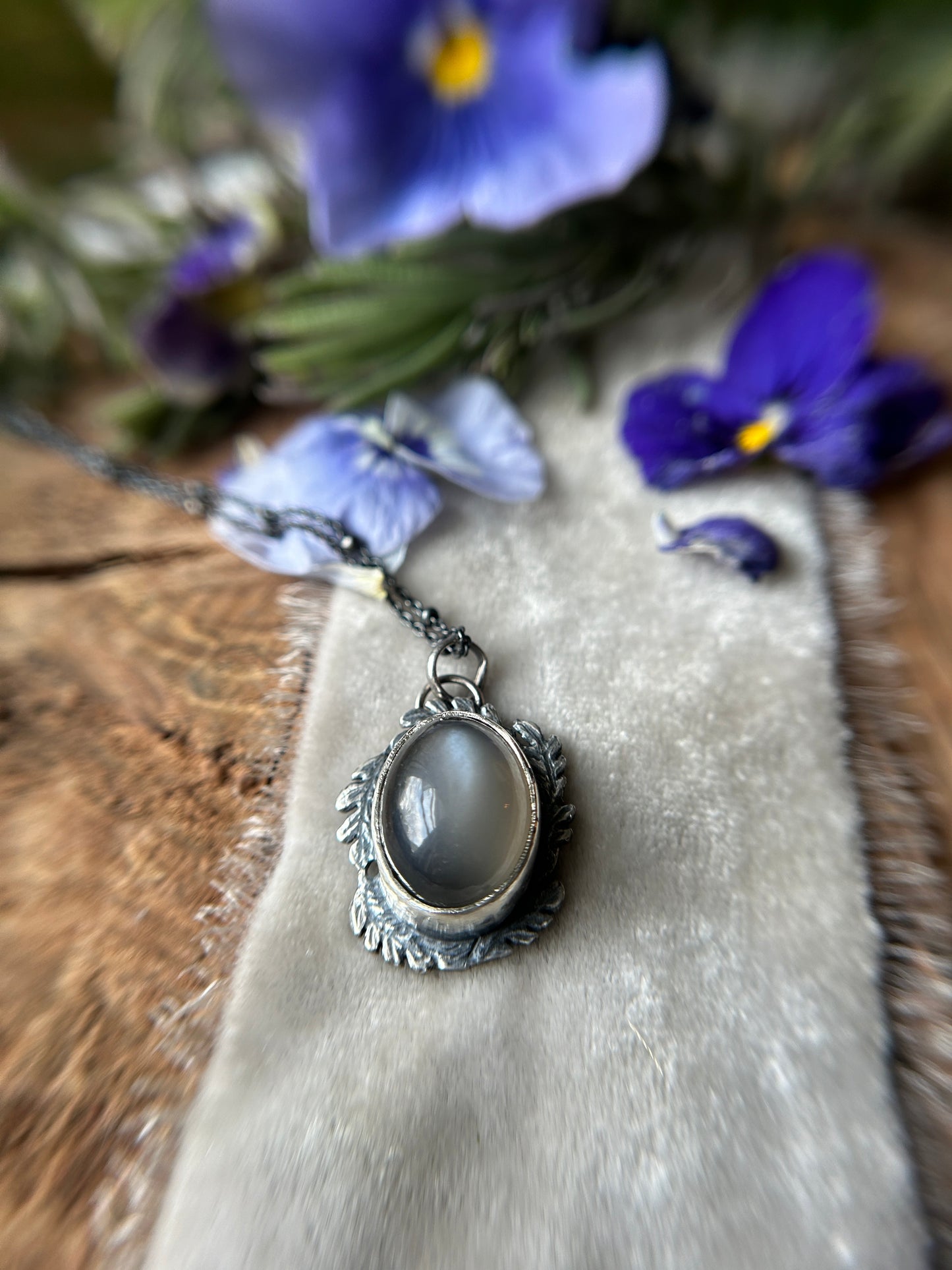 Grey Moonstone Forest Scrying Mirror Necklace- sterling silver