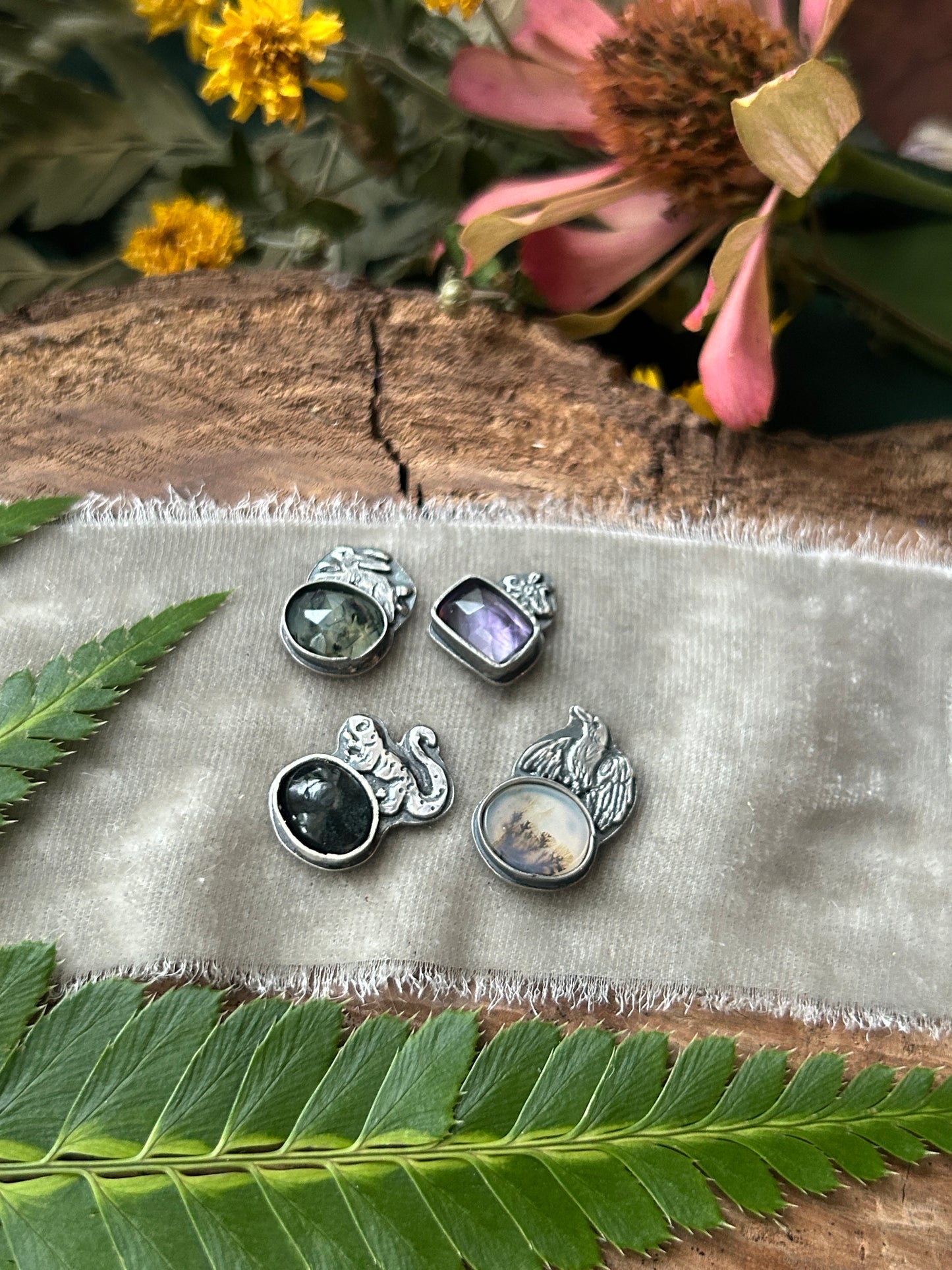 Woodland creature with gemstone- your choice of ring or pendant- sterling silver jewelry
