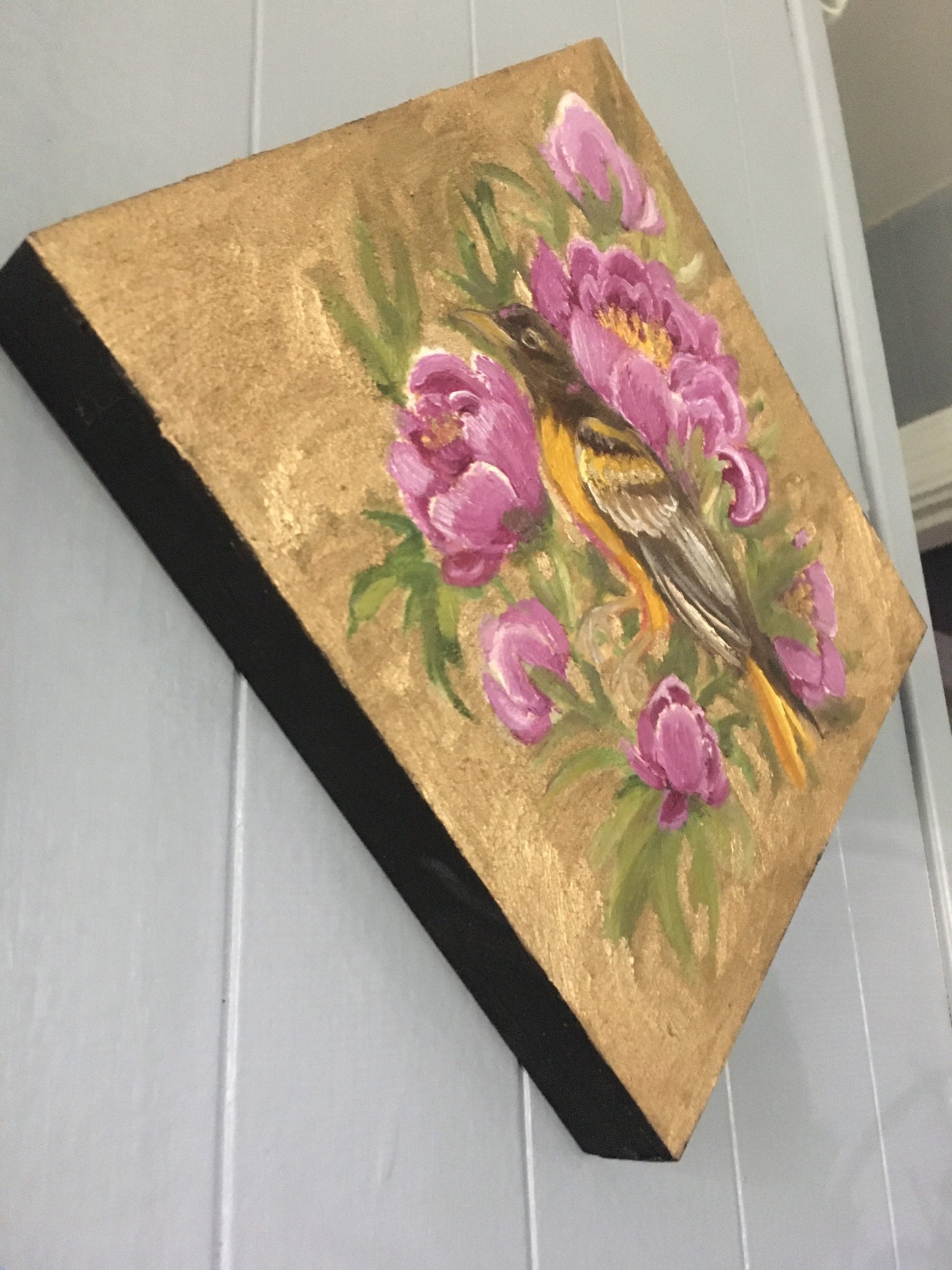 Oriole and peony flower art original oil painting gold metallic bird garden art flowers wood panel art nature floral diamond
