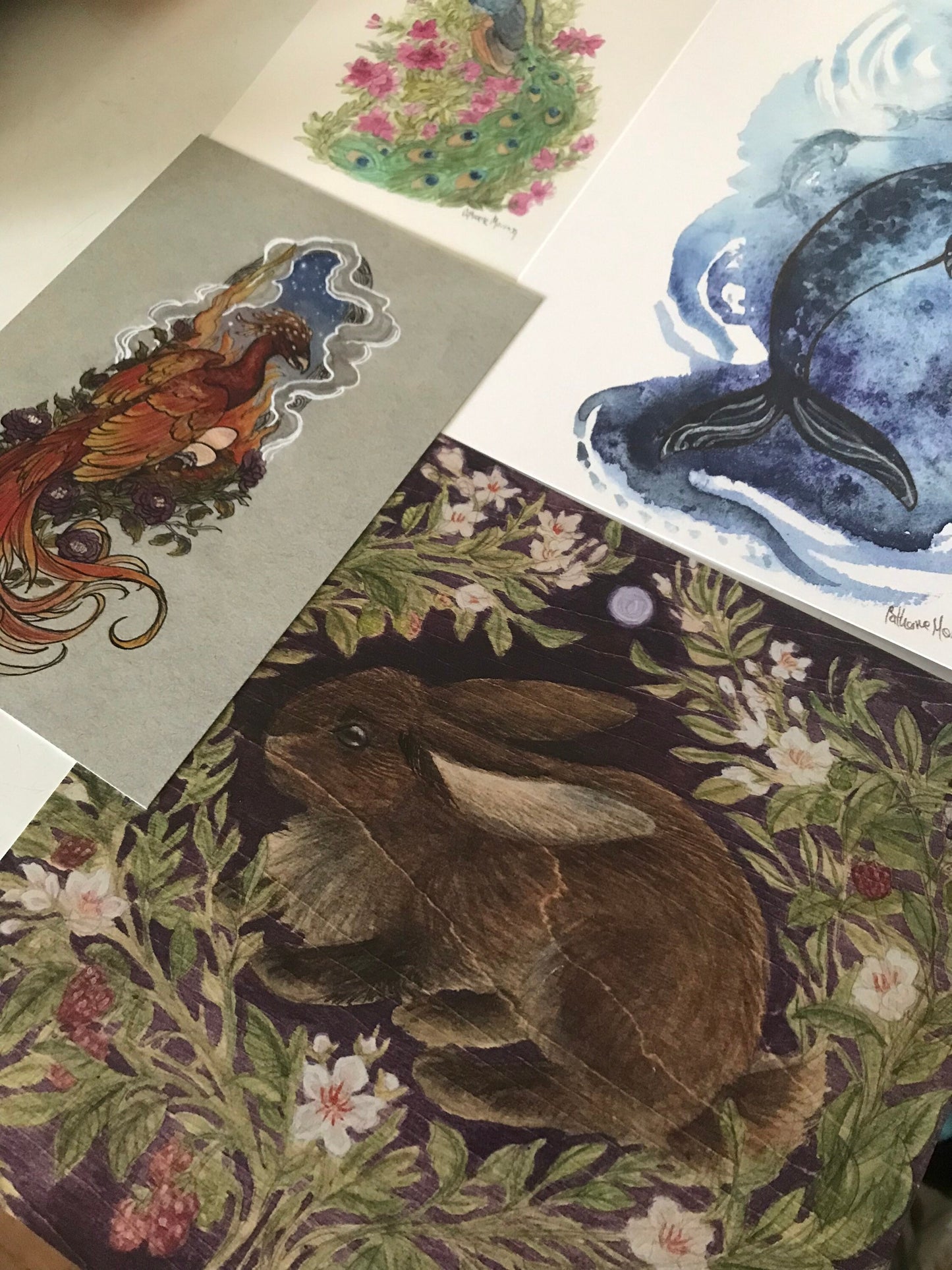 Art Print of barn owls and moonflowers woodland animal watercolor painting wood texture print