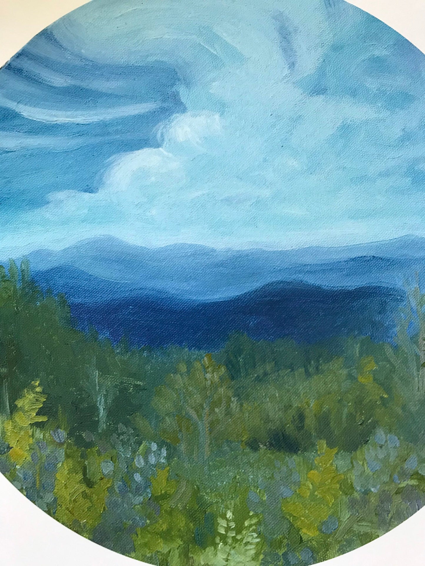Art print of mountain landscape wildflowers oil painting forest meadow blue ridge parkway forest home decor Asheville circular art