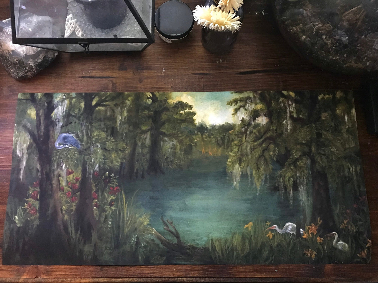 Art Print of golden hour in the Swamp panoramic landscape oil painting ibis birds heron turtles bald cypress tree nature art wall decor