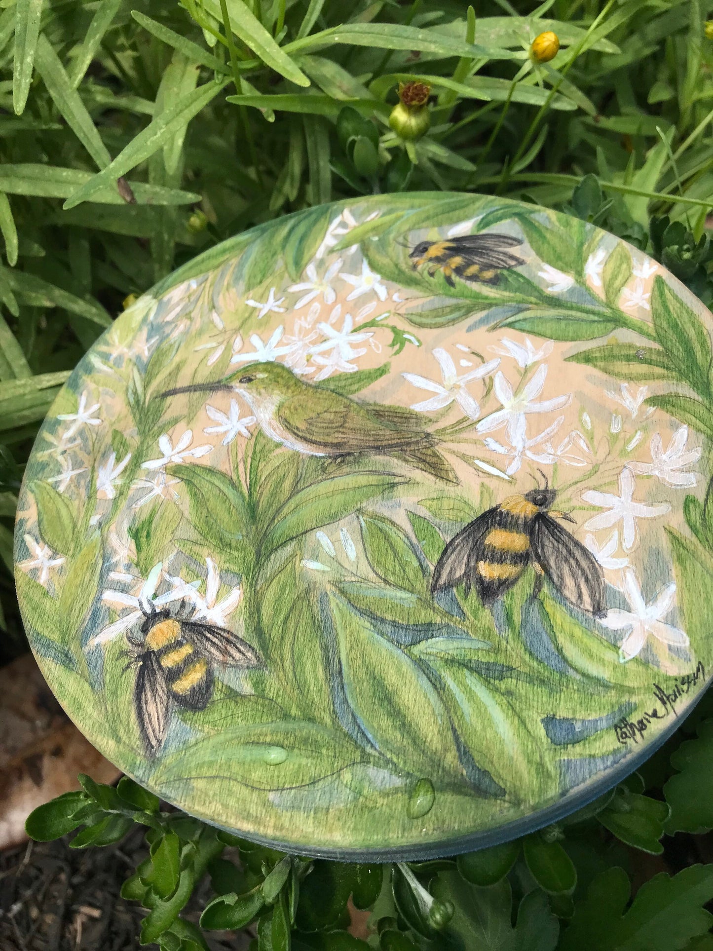 Hummingbird, bees, and star jasmine original watercolor painting on round wood panel