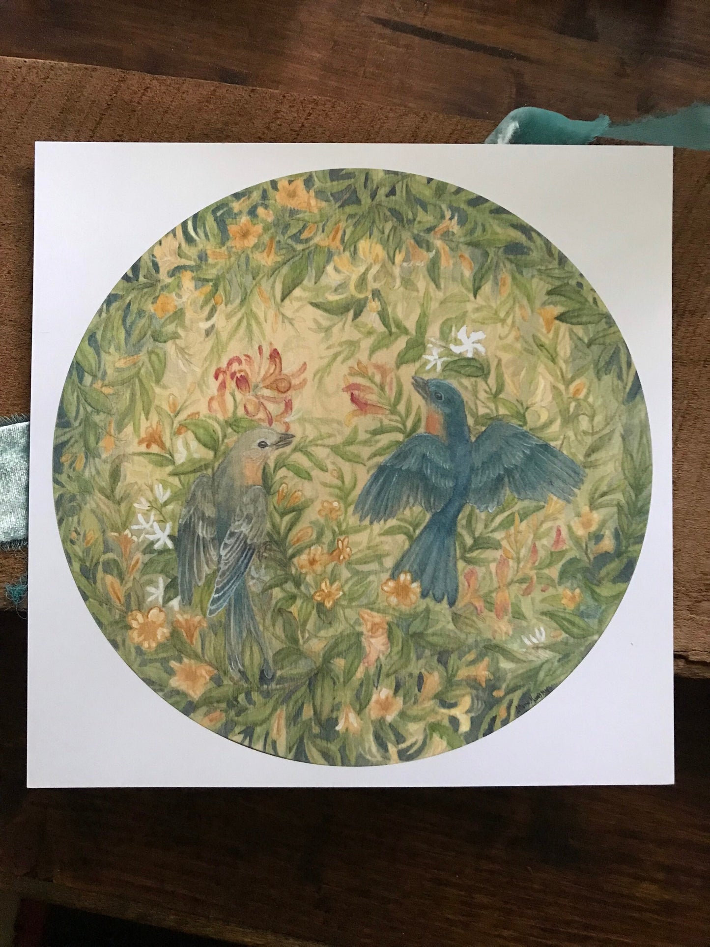 bluebirds in Spring art print garden watercolor painting botanical jasmine wood grain circle woodland animal painting wall decor house gift
